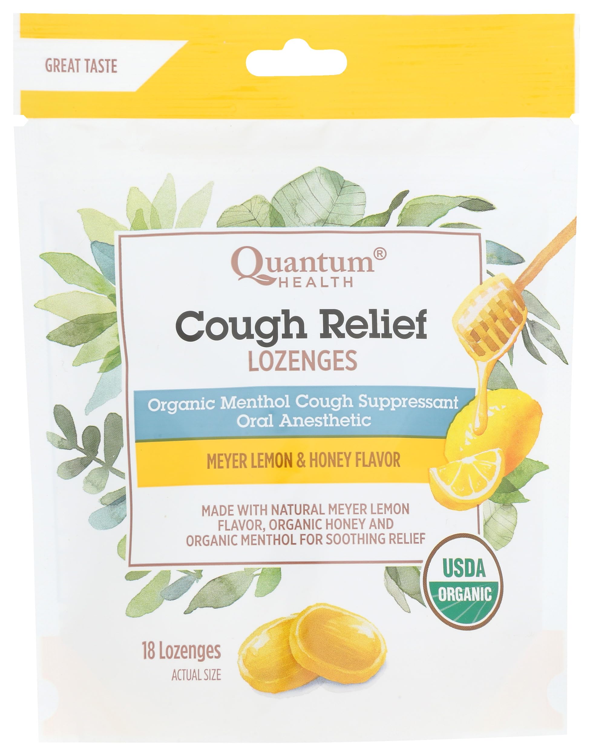 Quantum Health Organic Cough Relief Lozenges, Meyer Lemon & Honey, Natural Menthol Cough Suppressant, Bagged, 18 Ct, Light Yellow