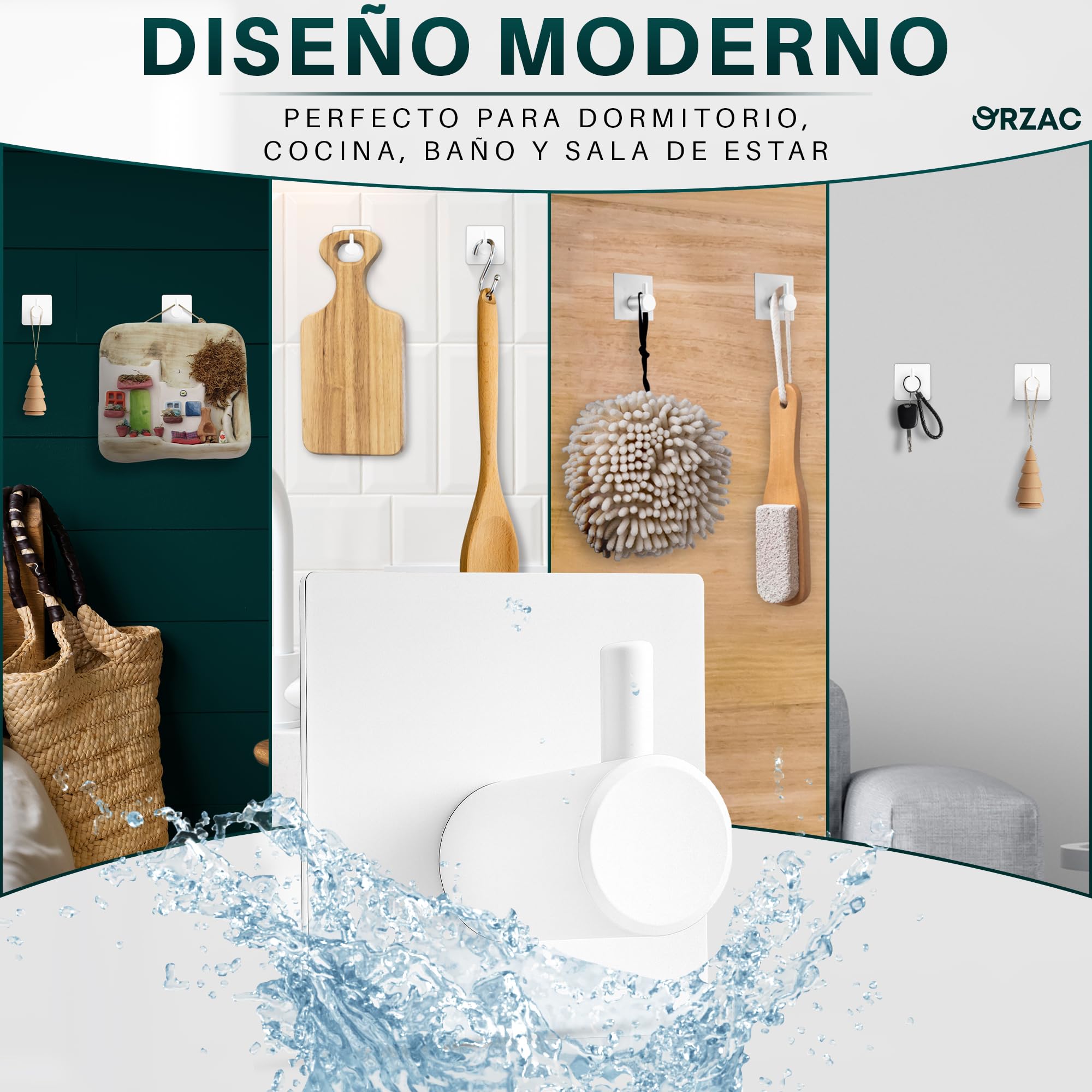 Ganchos Adhesivos para Pared Sin Taladro, Pack 6, Resistentes para Baño y Cocina, Blanco