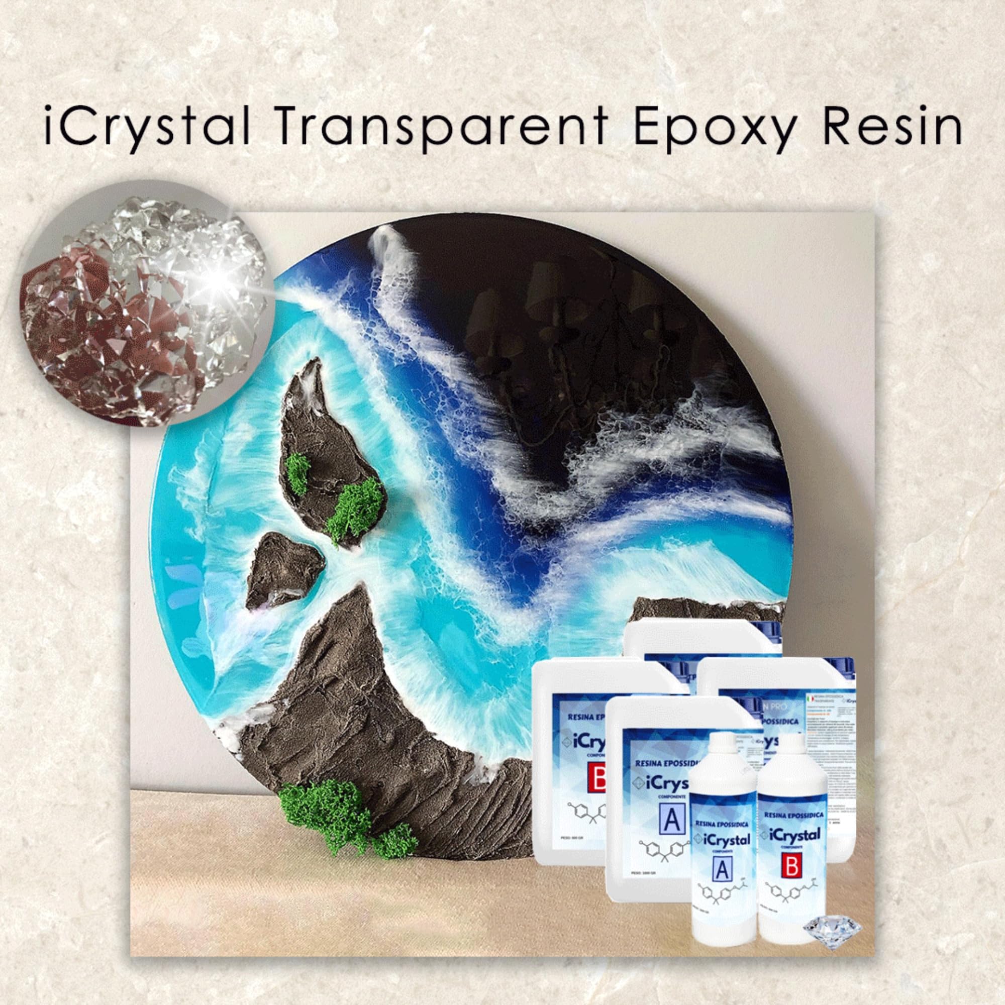 Resin Pro® RESINA EPOSSIDICA ICRYSTAL – 0,75 Kg: Ideale per la creazione di gioielli, River Table e Creazioni Artistiche - Certificata Atossica - Assistenza Tecnica in Italiano – 100% Made in Italy