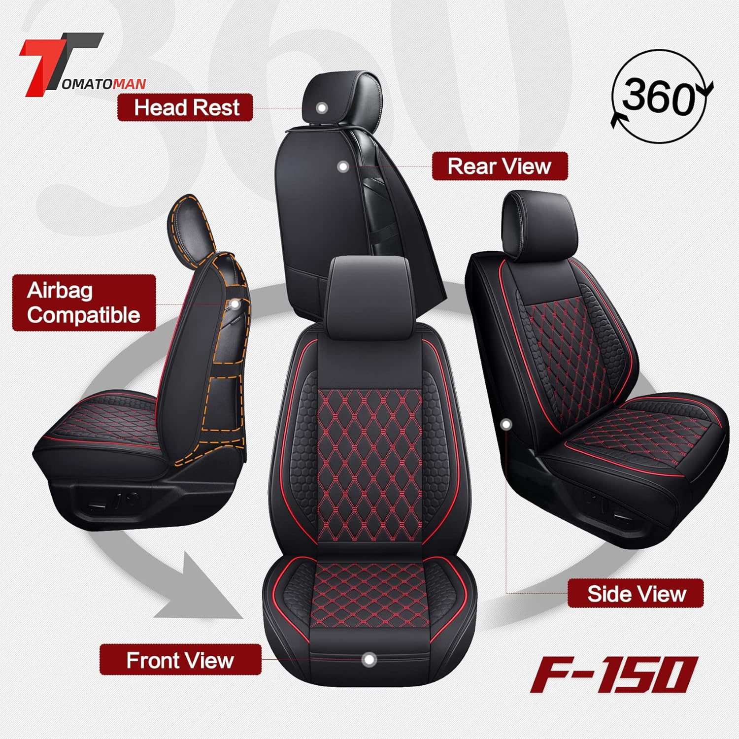 Tomatoman F150 Seat Covers Compatible with 2009-2026 Ford F150 2017-2026 F250 F350 F450 Trucks Crew Cab with Waterproof Faux Leather Super Duty Limited Fx4 XLT Pickup Cushion(2PCS Front/Black-Red)