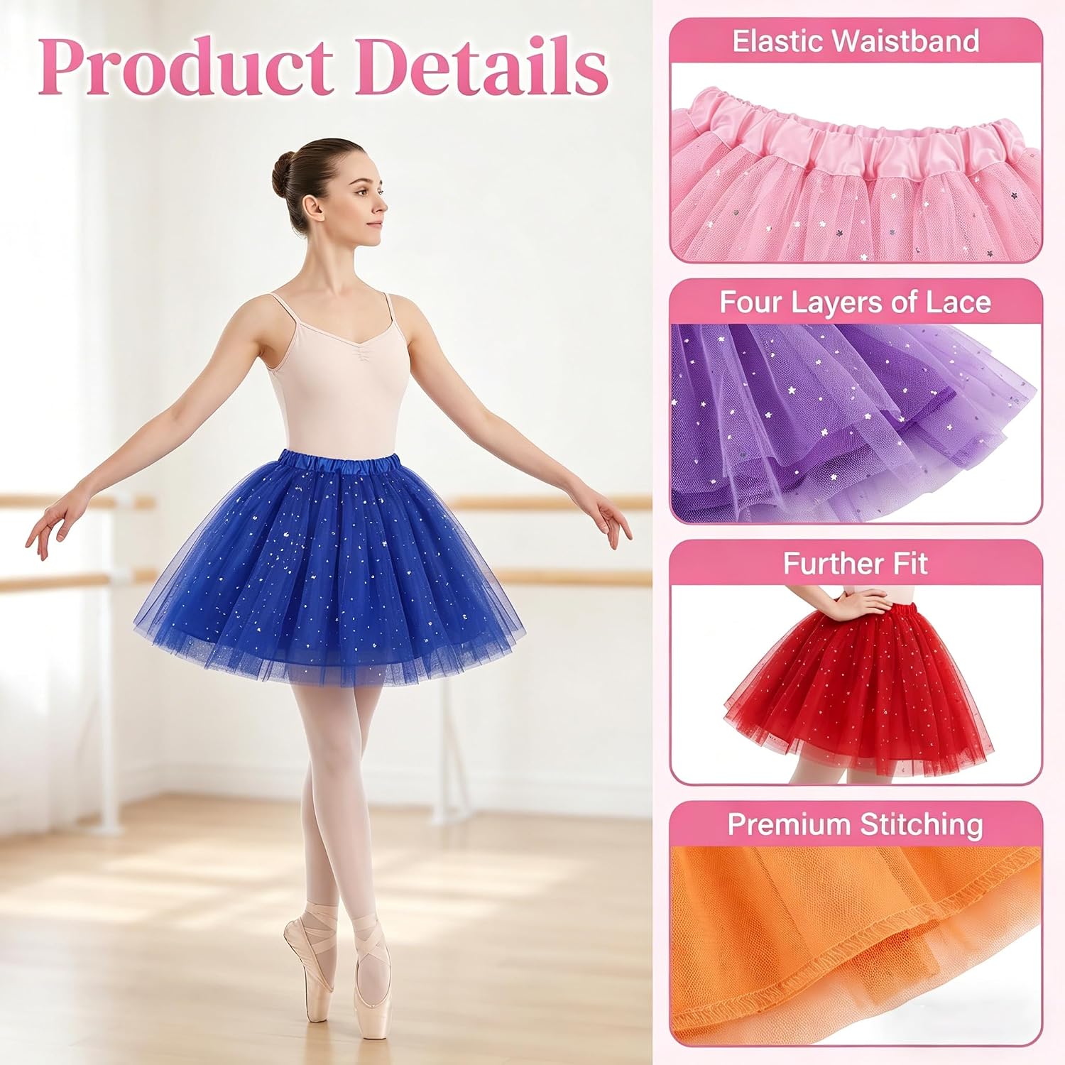 9 Pcs Tutu Skirts for Women, Adult Tulle Tutu Skirt 3 Layered Elastic Ballet Dance Cosplay Party Costume 80s
