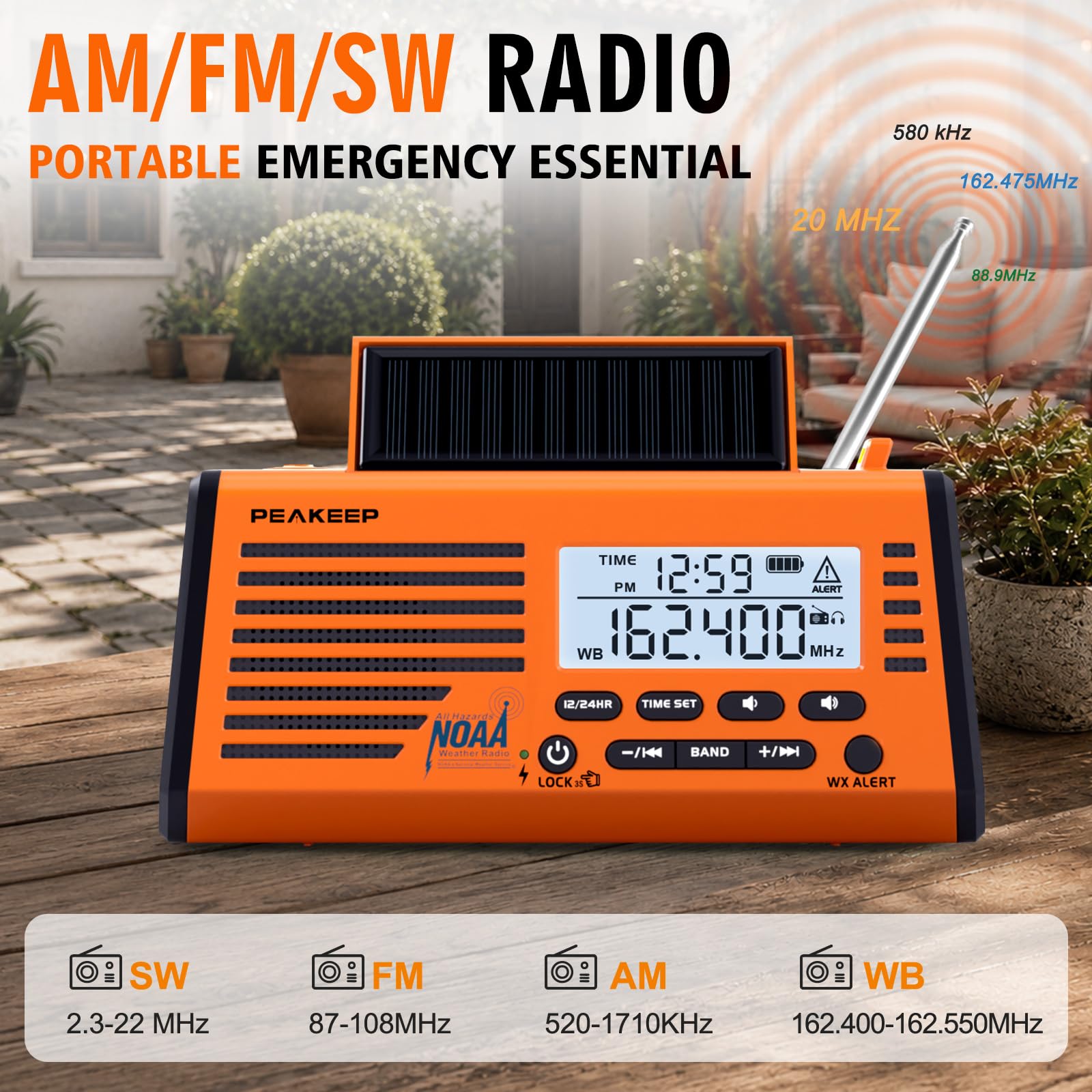 Peakeep NOAA Radio météo d'urgence à manivelle à énergie solaire – Batterie rechargeable de 18500 mWh, radio AM/FM/SW, lampe de poche SOS sirène pour la maison, la voiture, le camping, les tempêtes