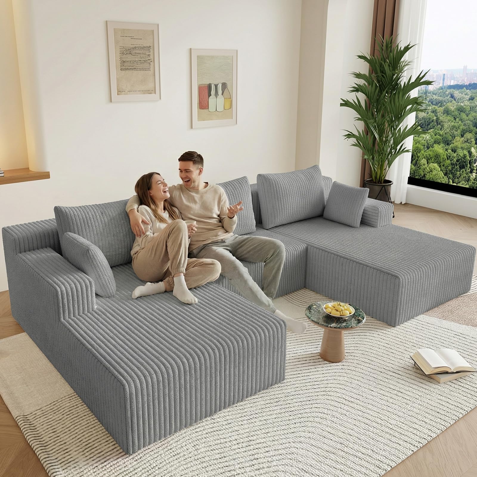 107" U-Shape Cloud Couch, Modern Modular Sectional U-Shape Sofa, Corduroy Boneless Couch Upholstered Couches Deep Seat Sleeper Chaise Longue for Living Room, No Assembly Required,Light Gray