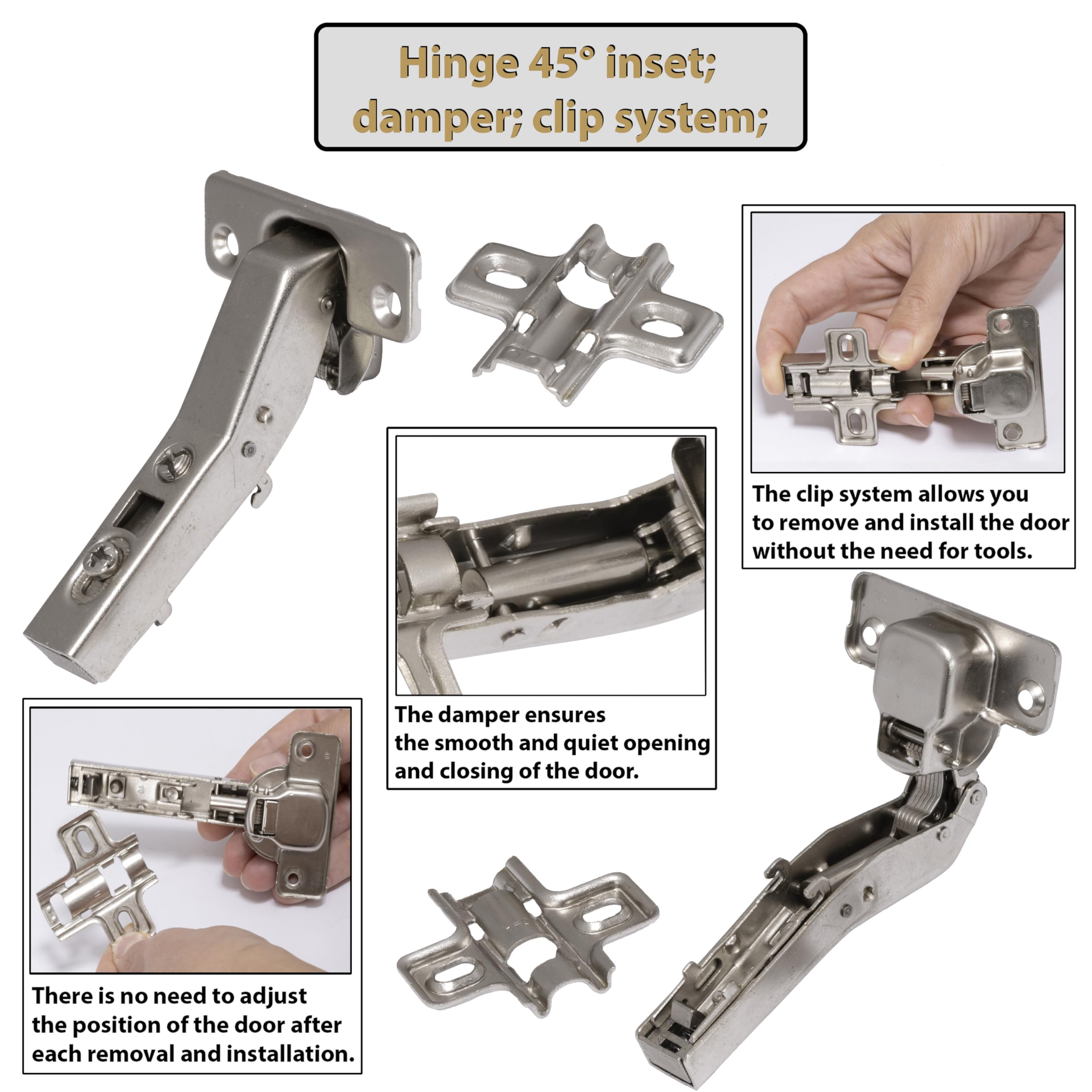 Image secondaire de AERZETIX - C41047 - Lot de 2 charnières invisibles clipsables pour éléments d'angle à 45° pour porte de meuble rentrant complète