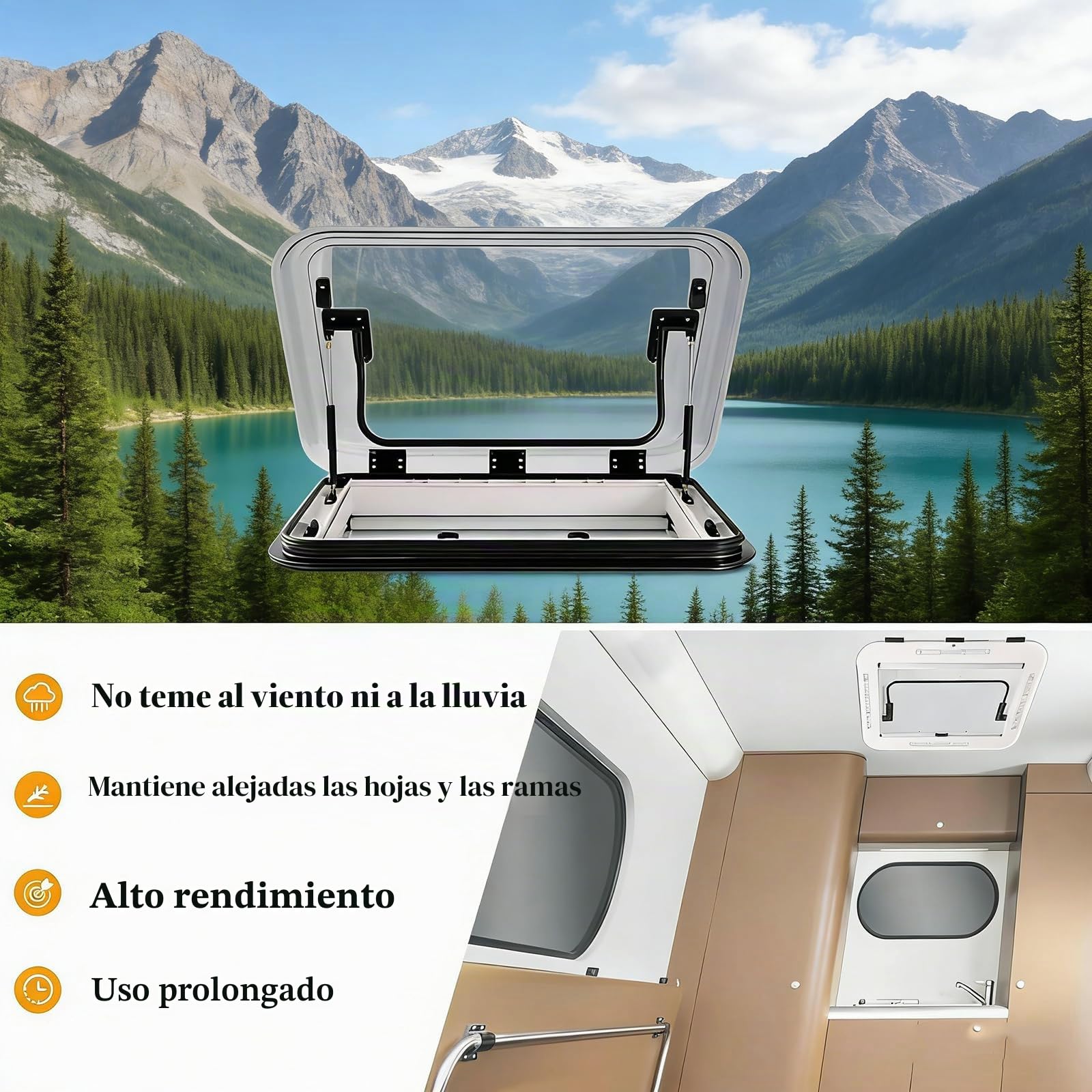 Claraboya para Autocaravana/Ventana para Techo con ventilación 50/70/80 x 50cm– Cortinas oscurecedoras y mosquiteras integradas, iluminación LED 12V, para caravanas, remolques, Barcos 50x50cm