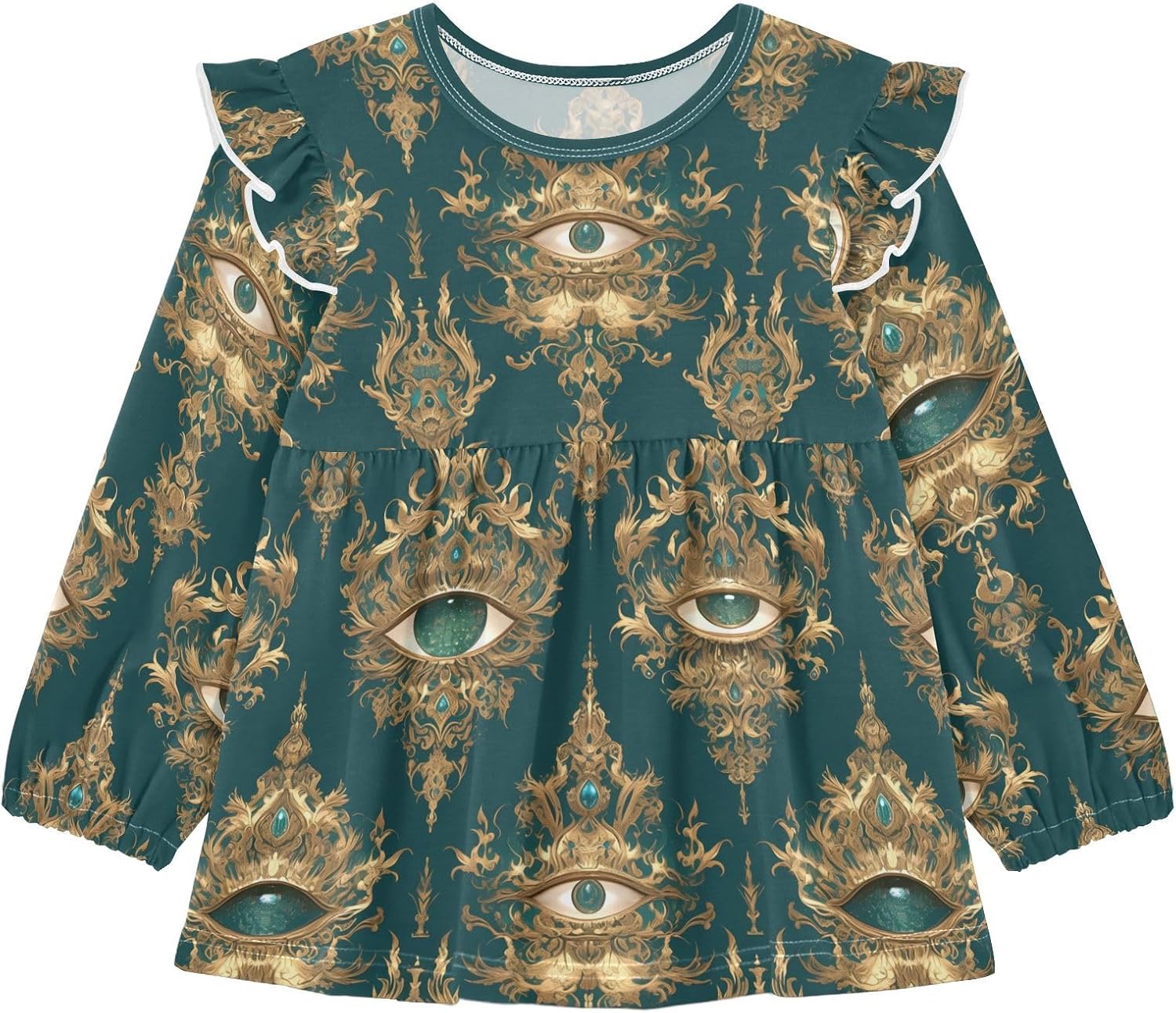 visesunny Toddler Clothes for Girls Ethnic Emerald Gemstone Eye Long Sleeve Fall Shirts Cotton Top with Ruffle Collar