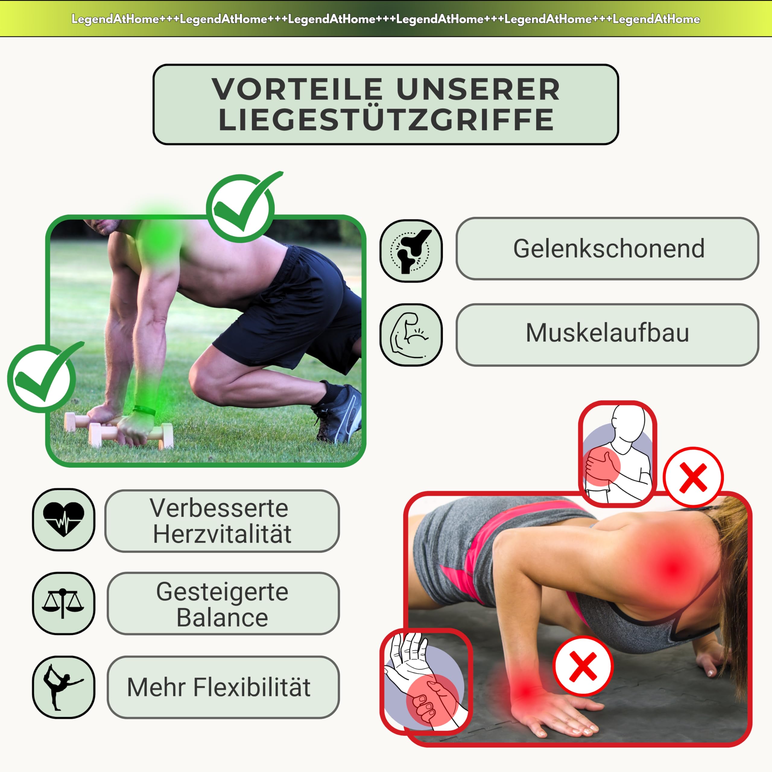 Liegestützgriffe [2er-Set] aus Buchenholz – stabile & gelenkschonende Parallettes für Push Ups, Calisthenics, Dips & Fitness Training – rutschfest & tragbar