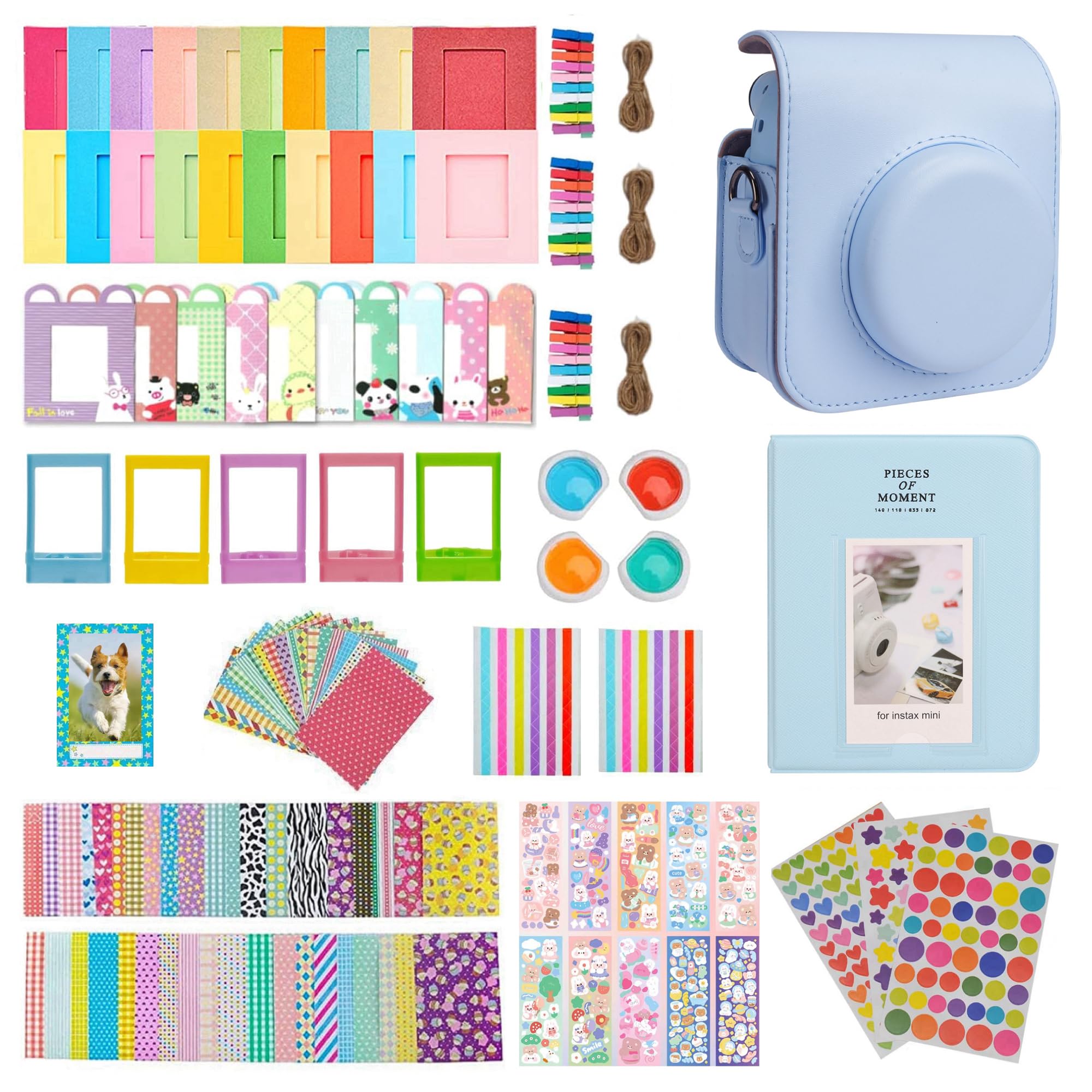 Instax Mini 12 - Custodia per Fotocamera Con 64 Tasche per Album Fotografico, Filtro Colore, Cornice Decorativa da Parete, Adesivo per Cornice e Angolare, Blu