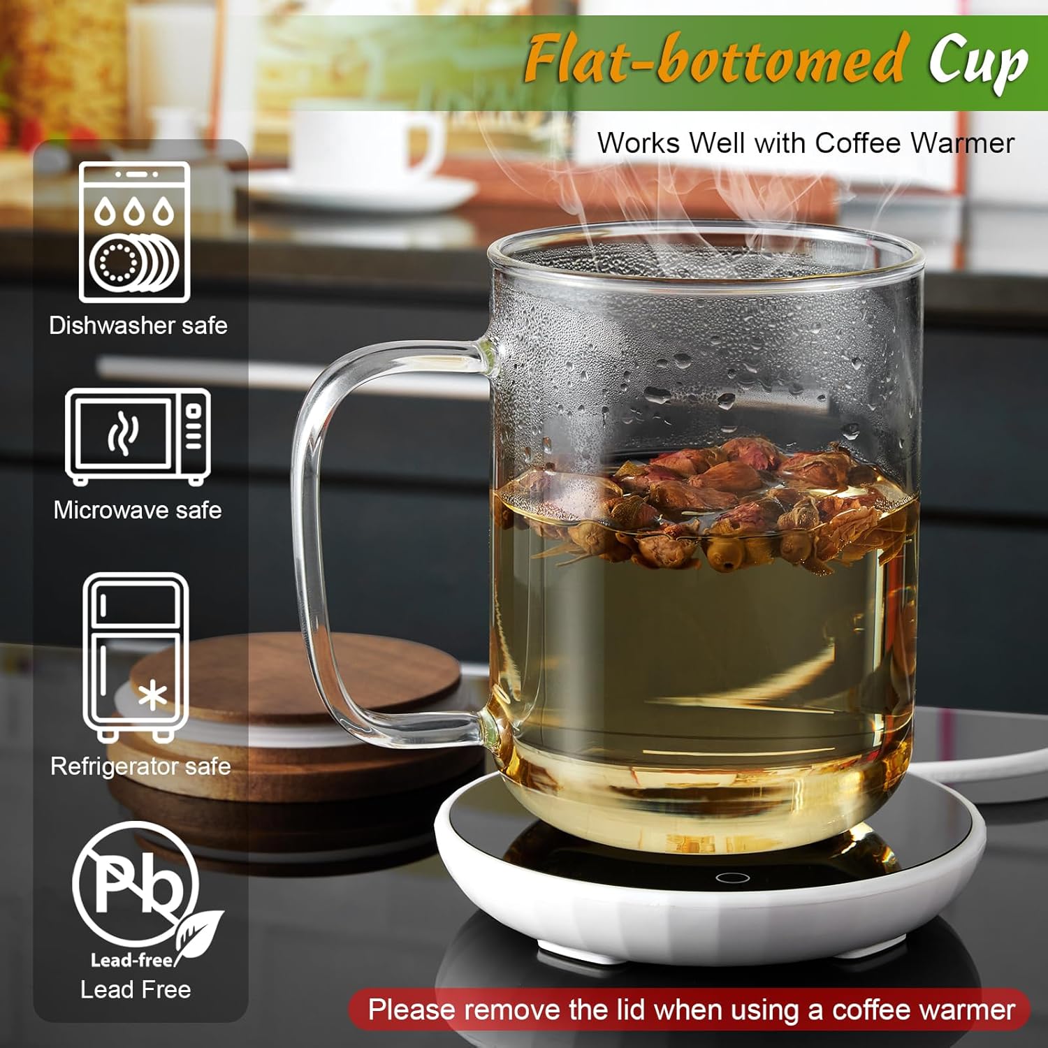 DRASTAR Glass Coffee Cups, 20 oz Large Coffee Mugs, Flat Bottomed Cups with Acacia Wood Lid, Glass Tea Cup with Handle, ClearTea Cup Set of 2 - Image 2