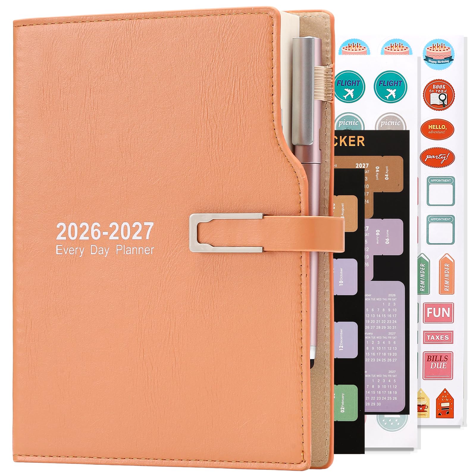Academic Diary 2026-2027,from Jul 2026-Jun 2027 A5 Day to Page,Schedule Organizer with Calendar Stickers, Agenda Diary Planner with Pen Holder and Pen,Premium Thicker Paper 14 X 21.5 cm (Orange) — image 1