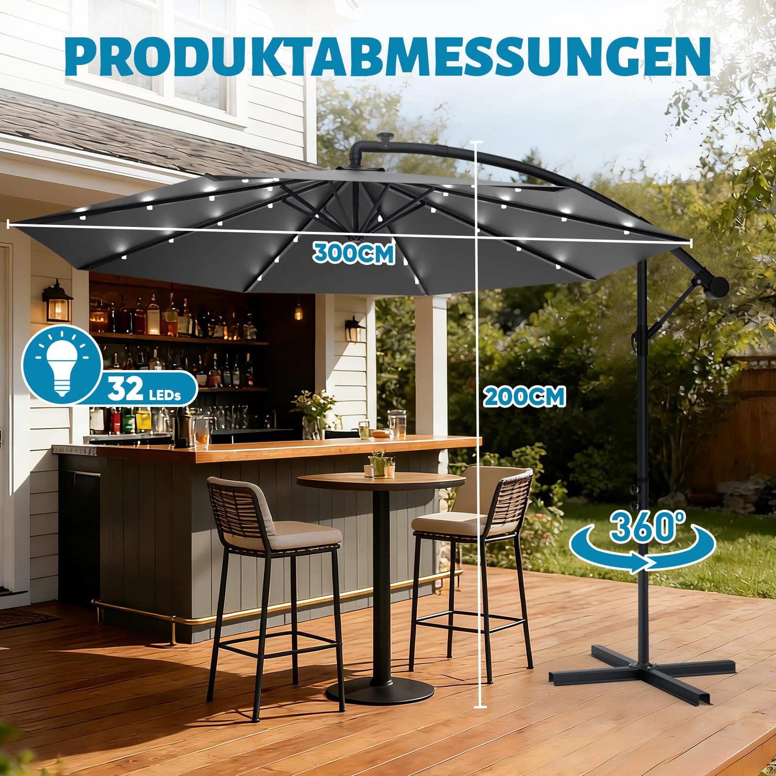 Ferghana Ombrellone da giardino con supporto e manovella, 300/350 cm, protezione UV