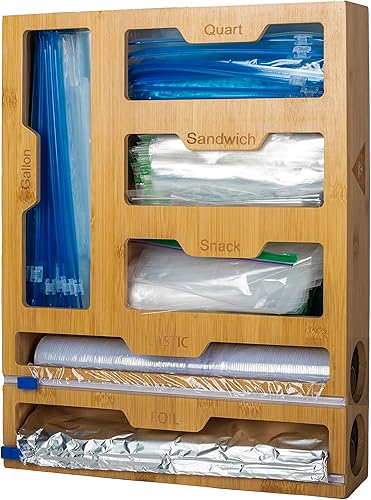 Miniatura 9 de Organizador de bolsas Ziplock – Bambú, dispensador de envoltura 6 en 1 con cortador, perfecto para galones, cuarto de galón, bolsa de sándwich y
