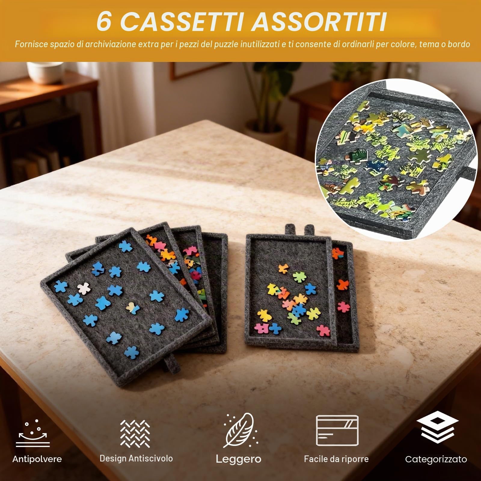 Tavole per Puzzle 1000 Pezzi, Porta Puzzles Portatile con 6 Cassetti e Copertura Antipolvere, Tappeto Puzzle in Feltro, per Adulti e Bambini, Nero
