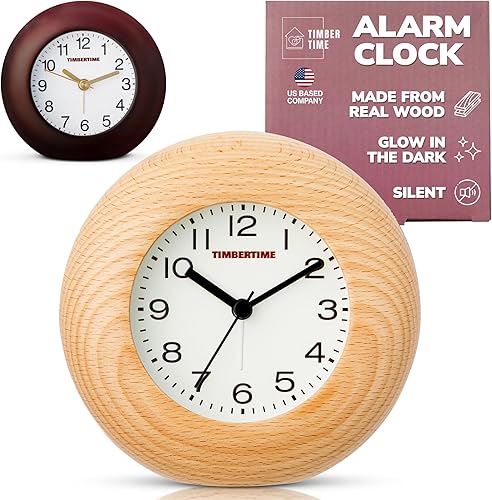 Reloj despertador de mesa pequeño y moderno, de madera real, que brilla en la oscuridad, silencioso, 5 x 5, ligero, sin tictac, funciona con pilas