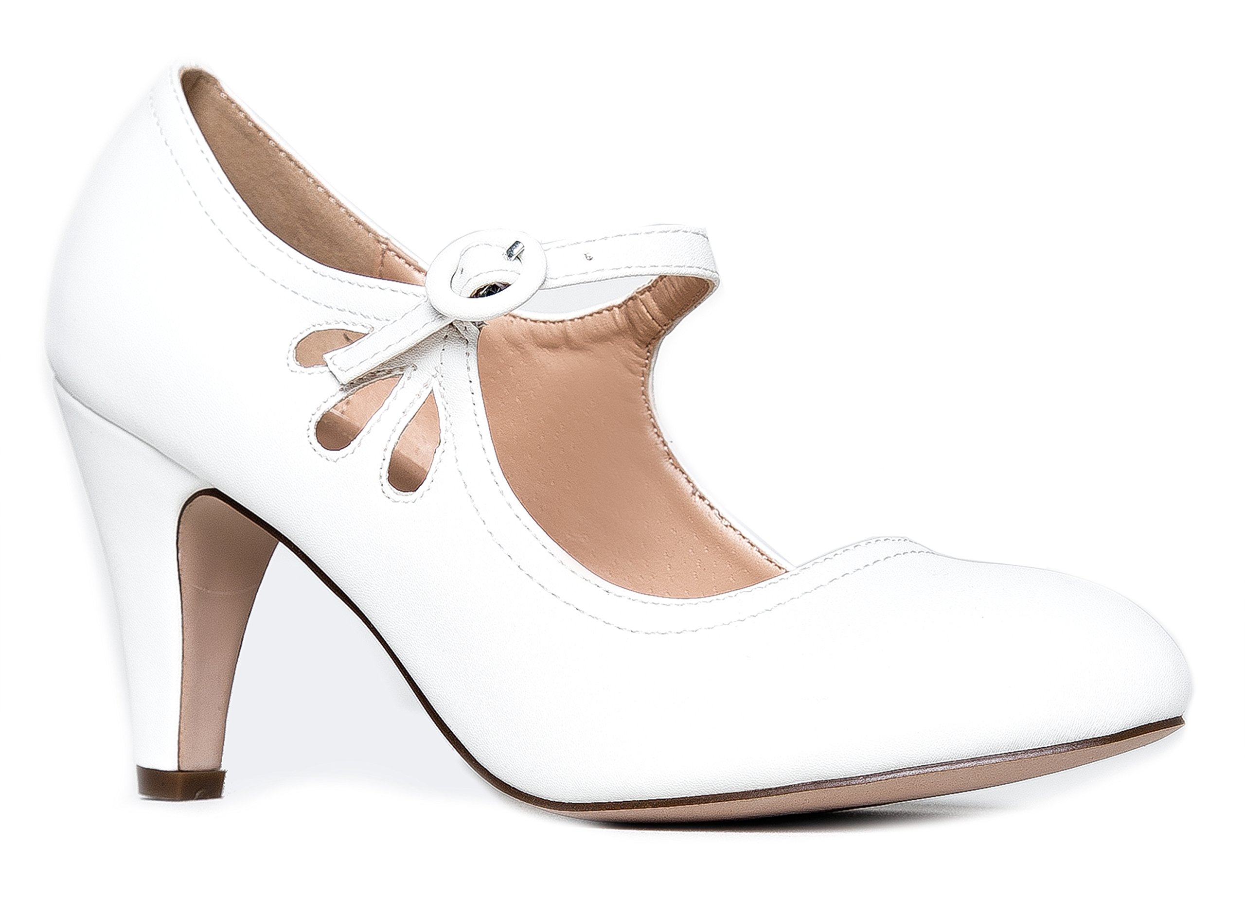 J. Adams Pixie Heels for Women - Retro Mary Jane Pumps with Teardrop Cutout - White Vegan Leather - 