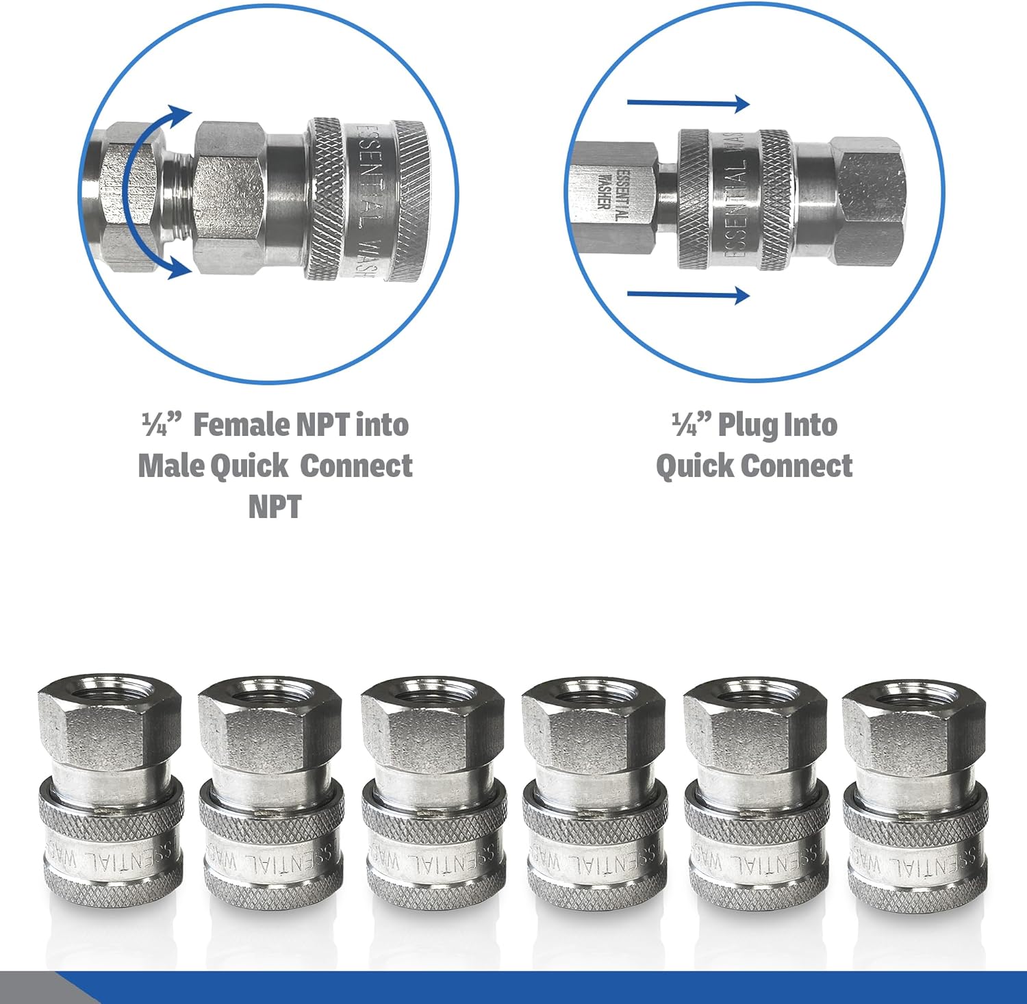 Essential Washer Stainless Steel ¼” Quick Connect Female NPT | Pressure Washer Quick Connect Fittings | 5000 PSI | Set Of 6