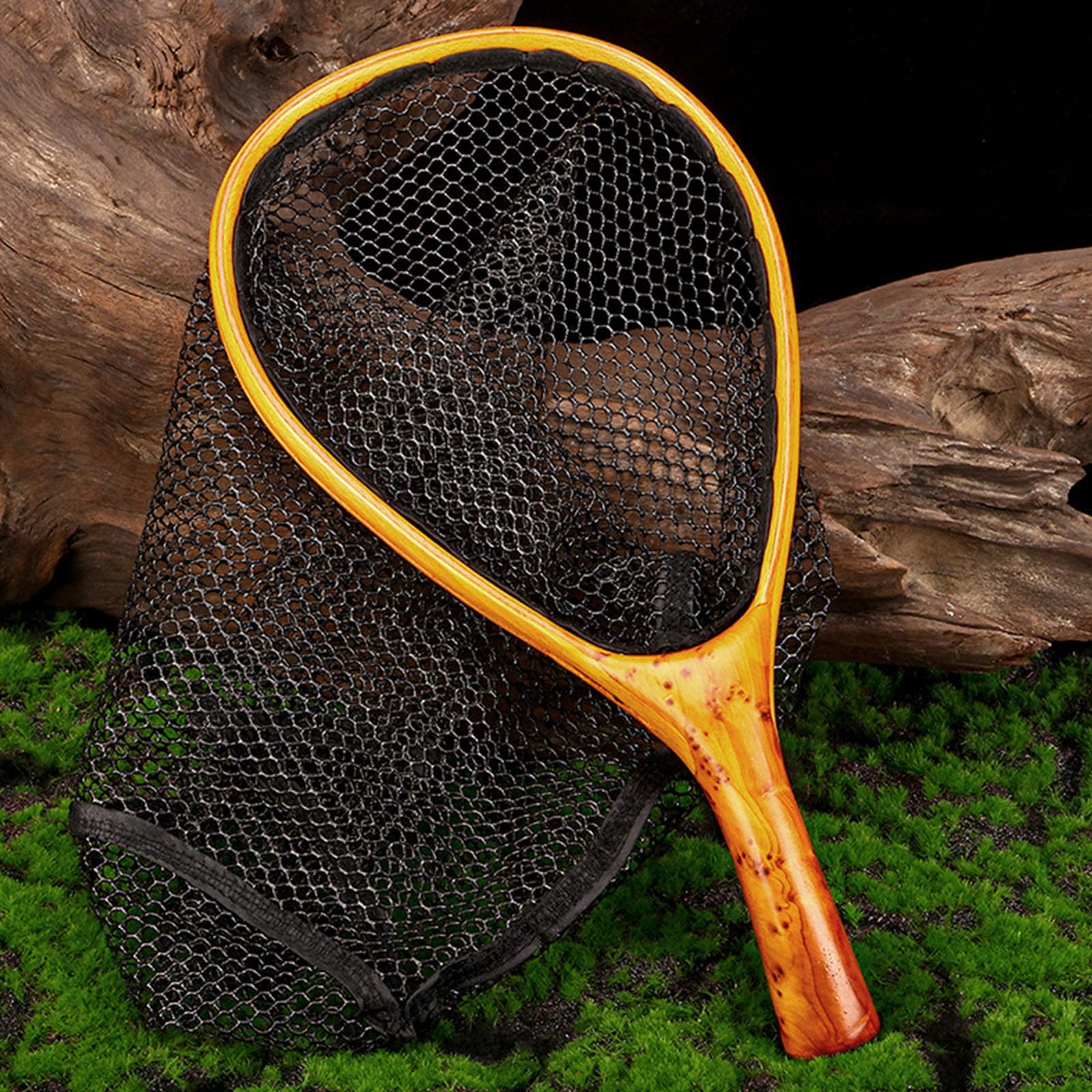 Retino da pesca curvo con manico in legno, design a maglie che protegge i pesci, compatta rete da pesca per pescatori, flussi, pesca