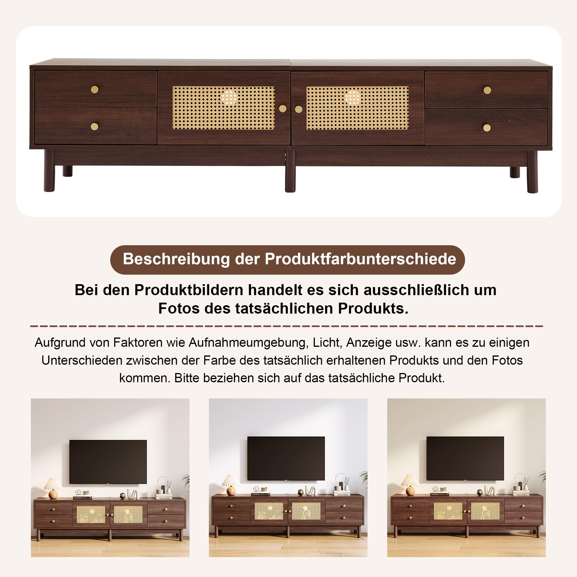 Rattan-TV-Lowboard mit 4 Schubladen & 2 Türen, Dunkelbraun, 180 cm