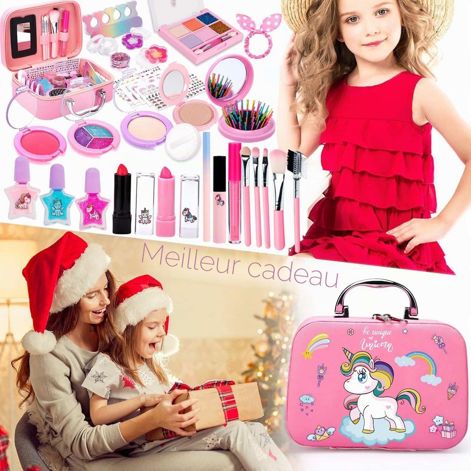 Maquillage Enfant Jouet, 38pcs Lavable Malette, Coffret Makeup Set pour Filles, Cadeau de Noël d'Anniversaire pour 4-10+ Ans