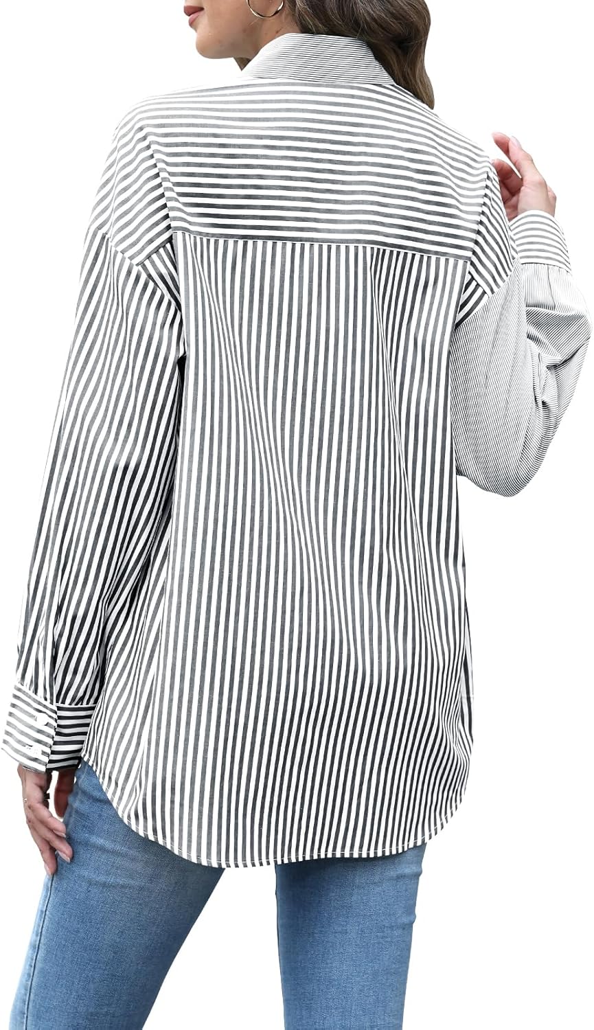 Women's Striped Button Down Shirts Long Sleeve Oversized Boyfriend Blouses Collared Work No Pockets Tops - Image 5