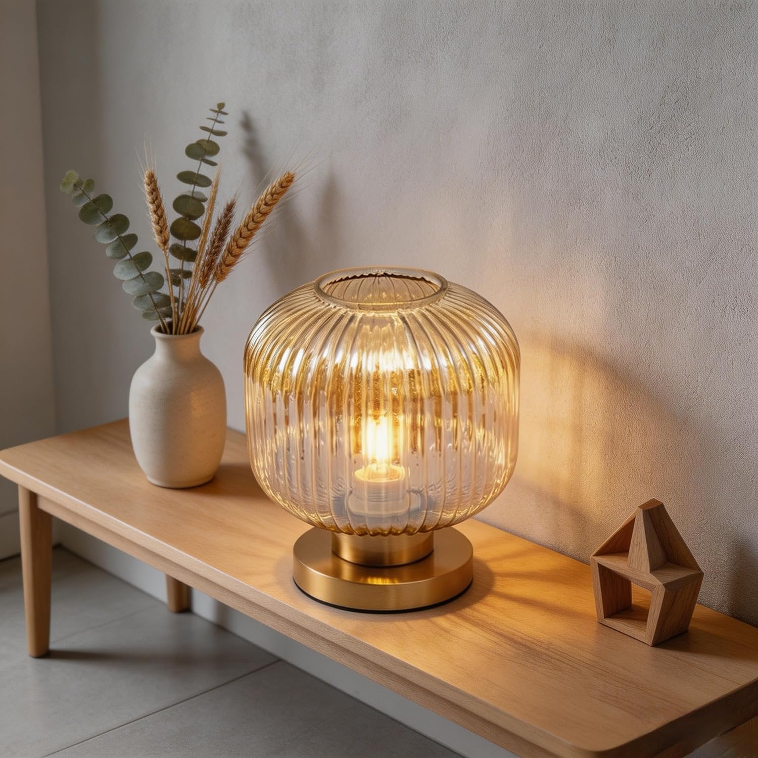 NKU Mid Century Modern Dimmable Table Lamp with Vintage Amber Ribbed Glass Globe & Brass Gold Base for Bedroom Living Room Office