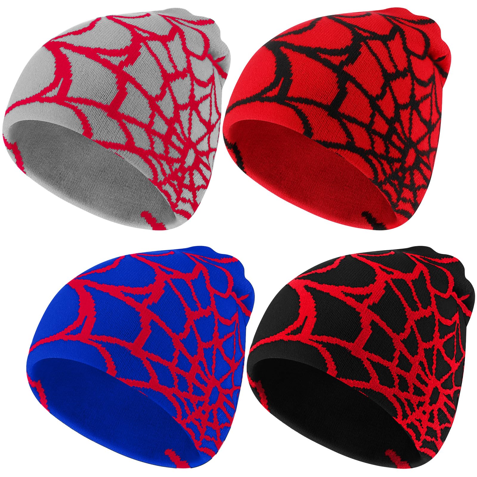 Jeyiour 4 Stück Y2K Beanies Spinnennetzmuster Beanie Gothic Acryl Strickmütze Casual Streetwear Outdoor Beanies für Herren, Frische Farbe, Einheitsgröße