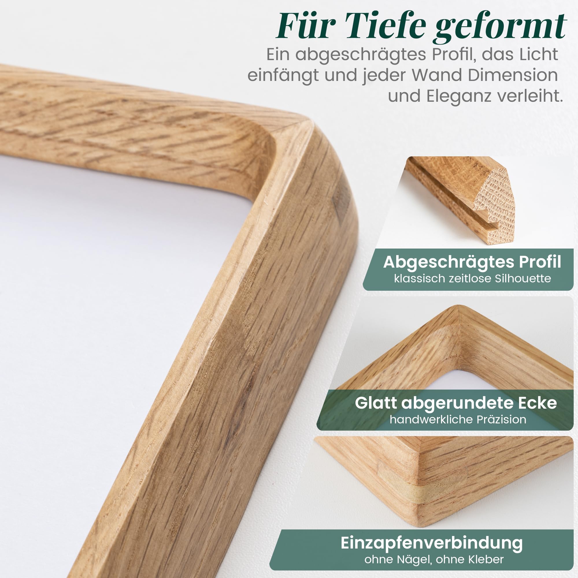Bilderrahmen A1 (59.4x84cm) aus Massivholz Eiche, Hochtransparentes Temperglas, Handgefertigter Ecken Posterrahmen mit Passepartout für A2 (42x59.4cm), Einzelzapfen, Wandmontag