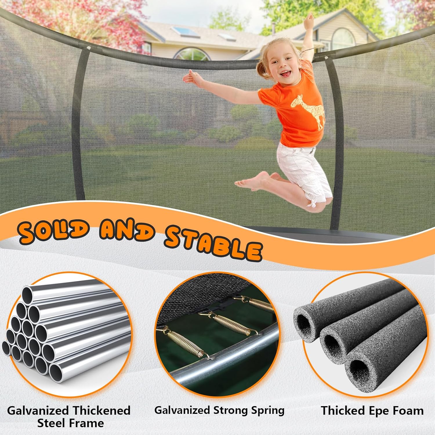Outdoor Trampoline, Recreational Trampolines for Kids/Adults with Enclosure Net Basketball Hoop, Sprinkler, Curved Poles and Ladder, Anti-Rust Coating, ASTM Approval