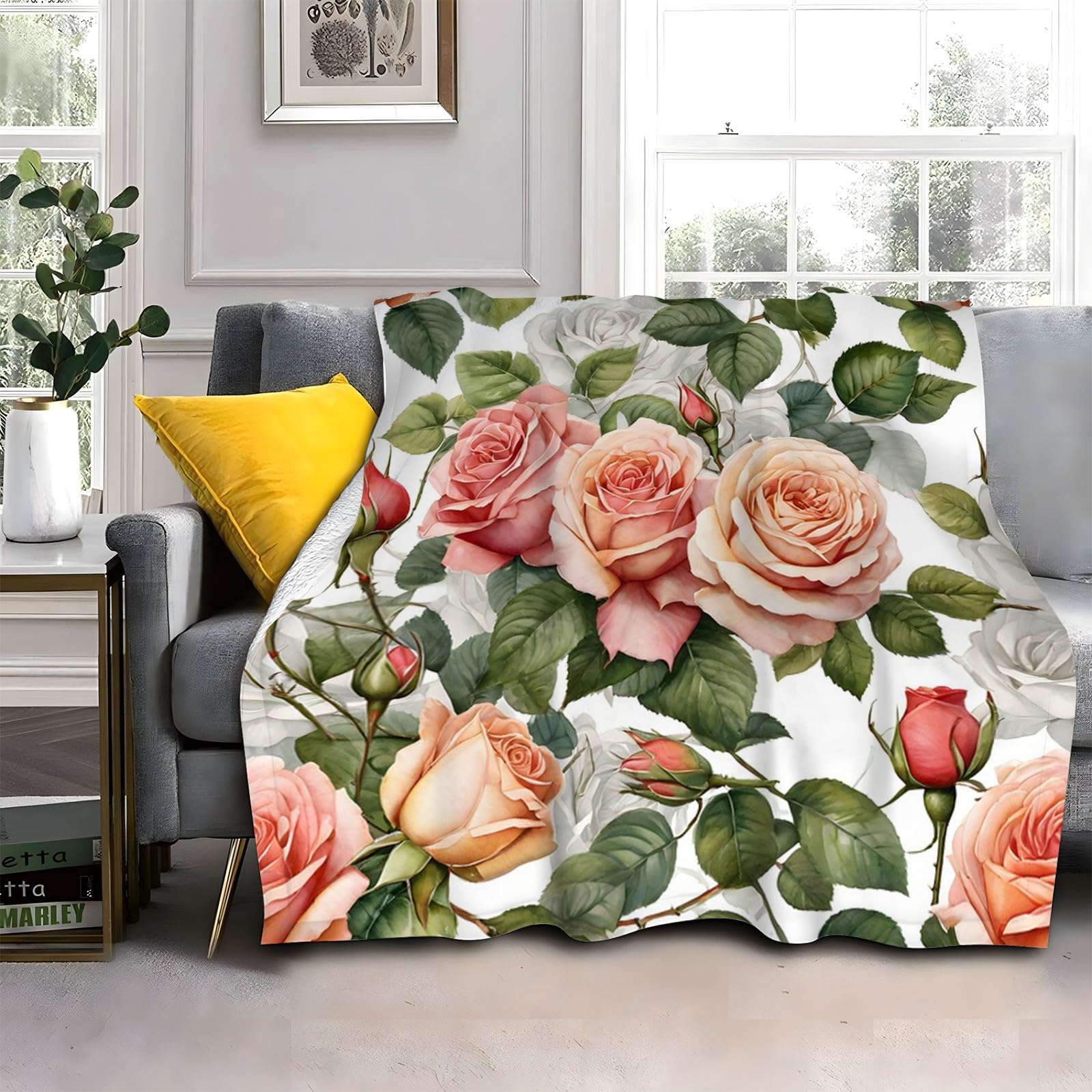 Genérico Różowe i żółte koce z mikrofibry koc flanelowy 180 x 200 cm kwiaty super miękkie lekkie ciepłe i wygodne koce podróżne dla dorosłych i dzieci, bez zmarszczek AL593