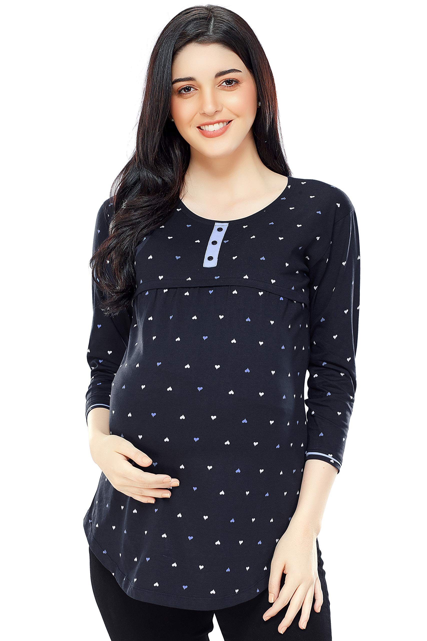 ZEYO Women's Regular Fit Cotton Maternity Navy Blue Heart Print Feeding Top 5343 - Image 4 thumbnail