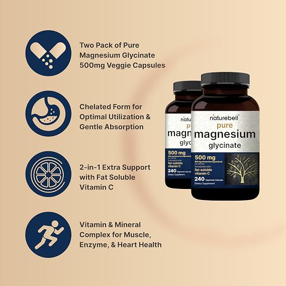 NatureBell Pure Magnesium Glycinate 500mg Per Serving, 2 Pack, 480 Capsules | 100% Chelated & Purified Magnesium Supplement for Women & Men. 3rd Party Tested, Vegan Friendly, Non-GMO, Filler Free.