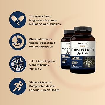 NatureBell Pure Magnesium Glycinate 500mg Per Serving, 2 Pack, 480 Capsules | 100% Chelated & Purified Magnesium Supplement for Women & Men. 3rd Party Tested, Vegan Friendly, Non-GMO, Filler Free.