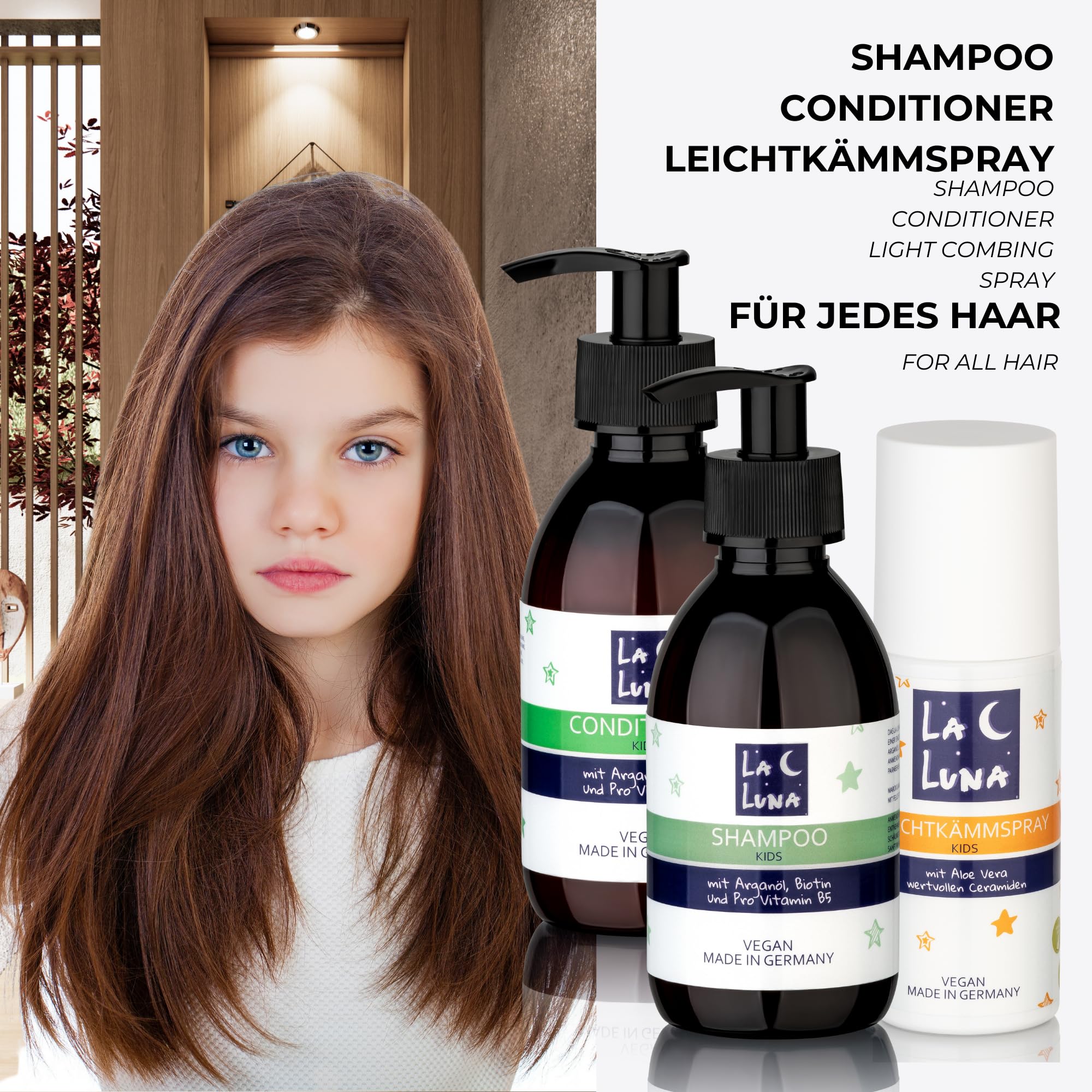 LA LUNA® Lekki spray do włosów dla dzieci, kompatybilny z aloesem, cenne ceramidy, intensywna pielęgnacja, nie kopią włosów, wegański, pielęgnacja włosów dla dzieci, dla chłopców i dziewczynek, do każdego typu włosów, pielęgnacja włosów