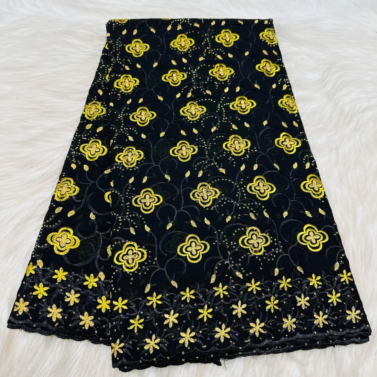 5 Yards Swiss Voile Lace Fabric Heavy Beaded Embroidery African 100% Cotton Fabric Popular Dubai Style. (White)