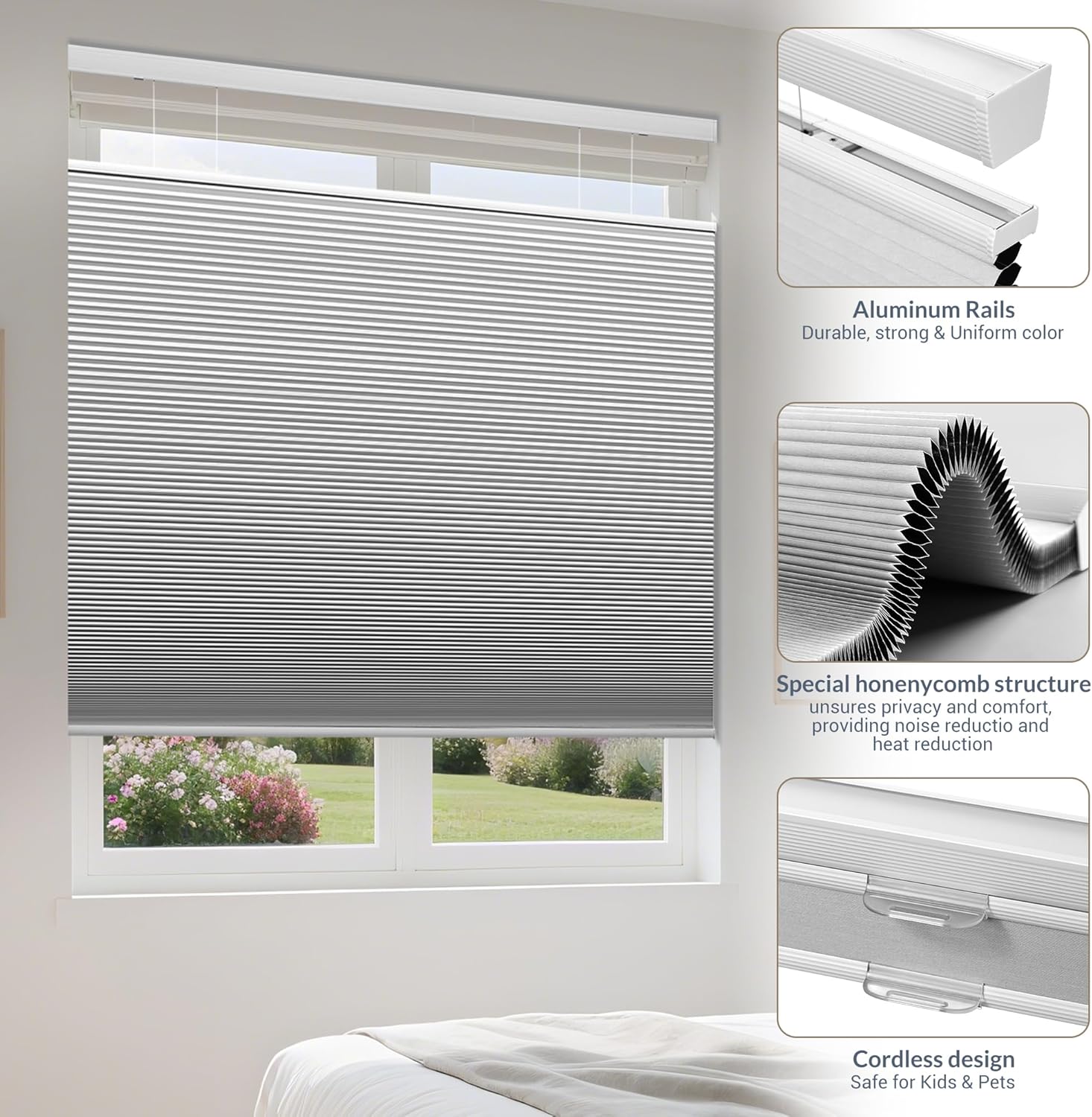 Boolegon Top Down and Bottom Up Blackout Cellular Shades Cordless Honeycomb Blinds for Windows Custom Size, White, Any Size