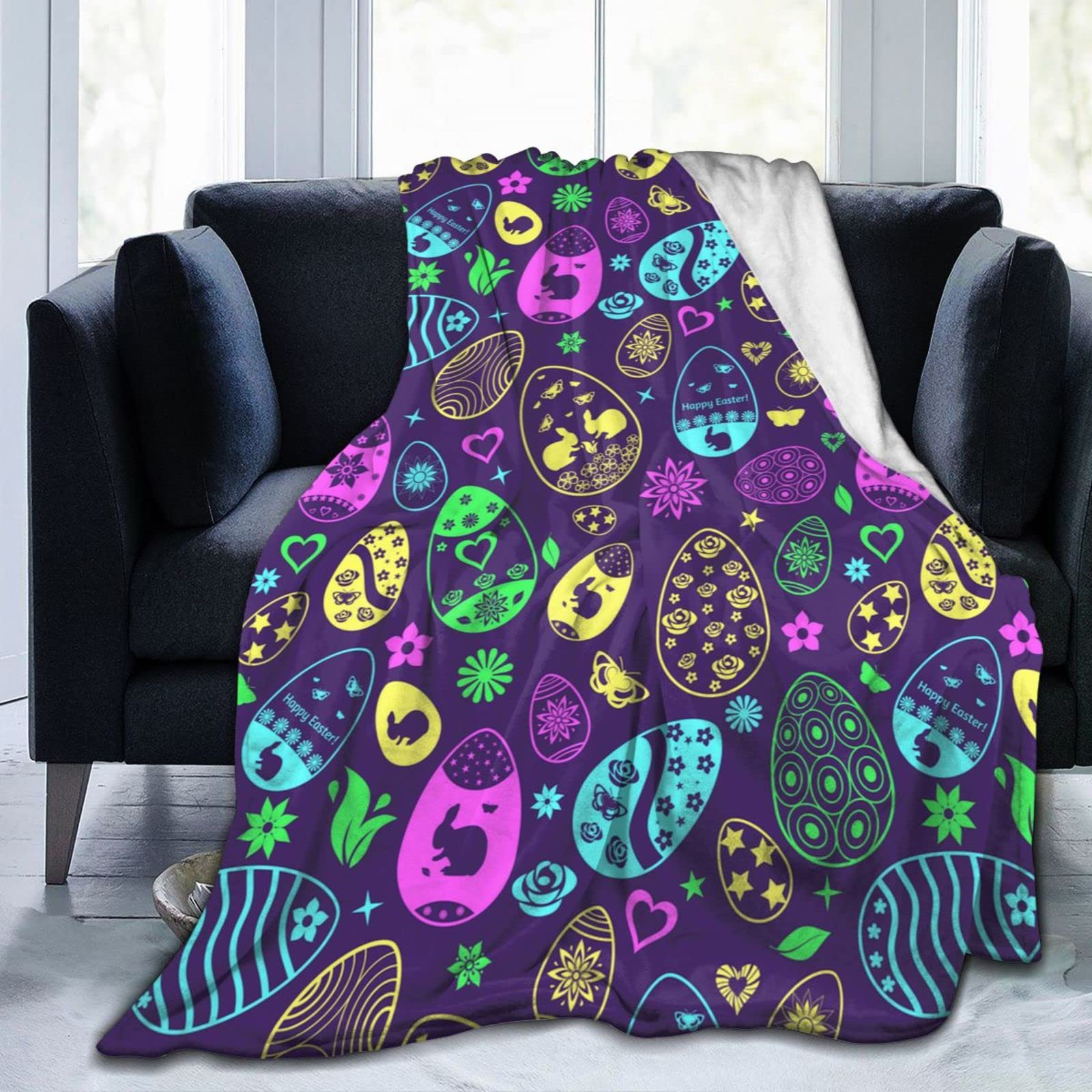 Lsjuee Easter Eggs Throw Blanket Warm Cozy Lightweight Blankets Easter Gift Soft Flannel Blanket for Sofa Couch Bed Office Holiday Decorative 50"X40"