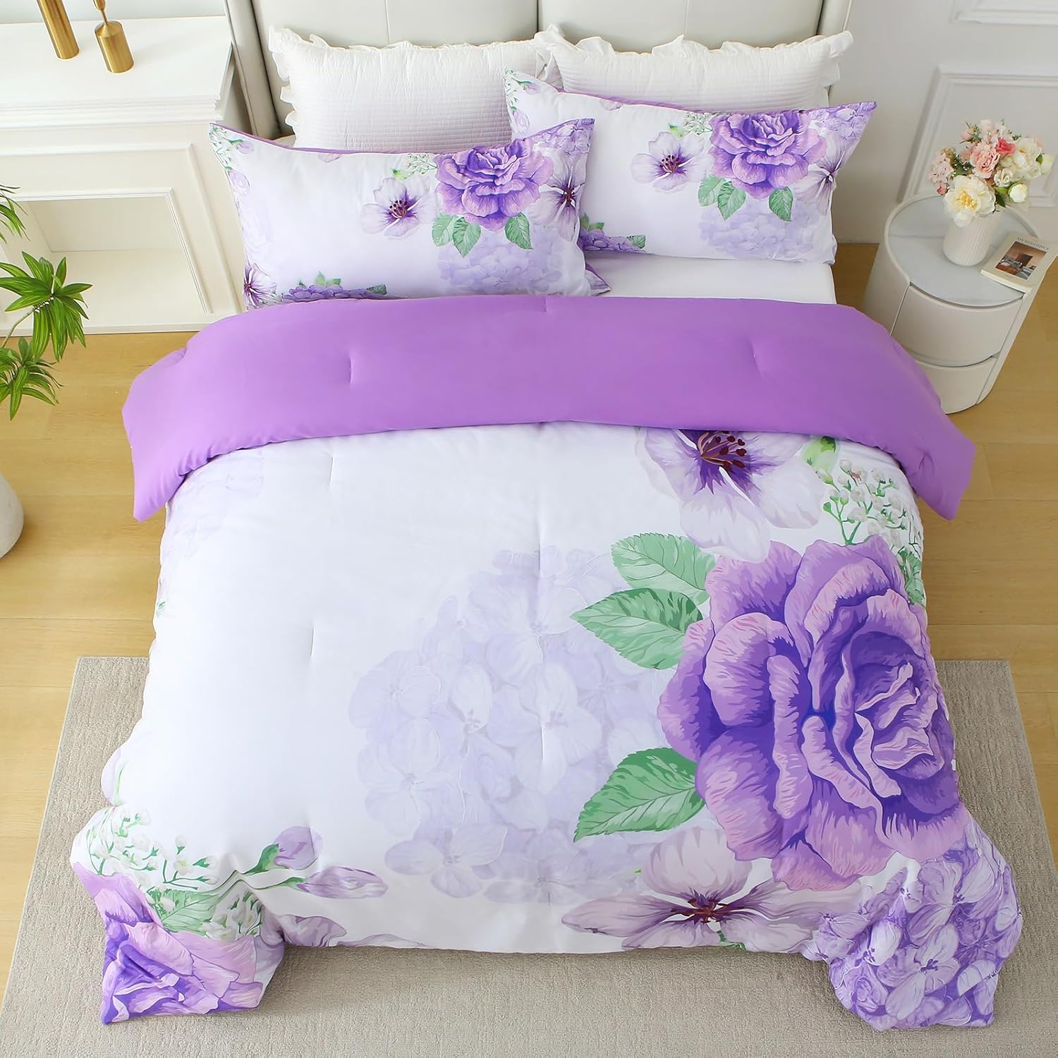 Floral Comforter Set Queen Size, 3 Pieces Elegant Purple Floral Bed in a Bag, Soft Microfiber Botanical Flower Bedding Set with 2 Pillowcases for All Season 90"×90" - Image 3