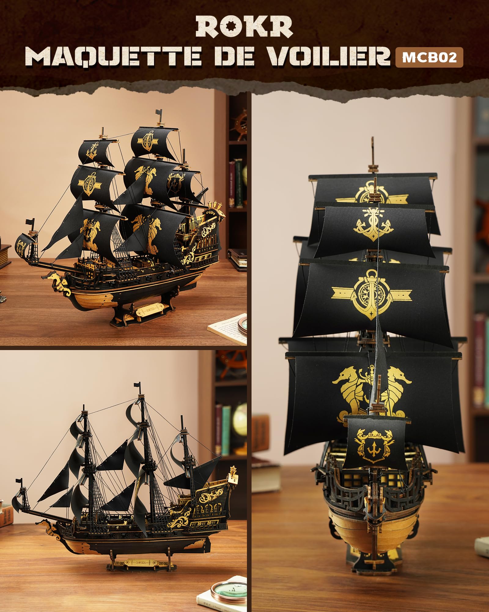 ROKR Maquettes de bateau en bois 3D à construire pour adultes, voilier mécanique à monter soi-même, maquettes de bateaux à construire pour adultes, barque hippocampe MCB02