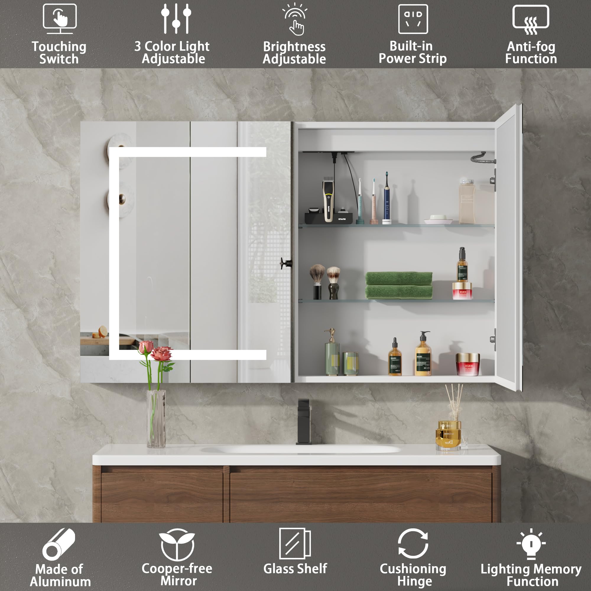 100% Premontado Armario Espejo Baño 80x60 cm con Luz LED, Antivaho, Enchufe y USB, Armario de Baño de Aluminio, Estantes de Cristal Regulables, Montaje en Pared para Cuarto de Baño