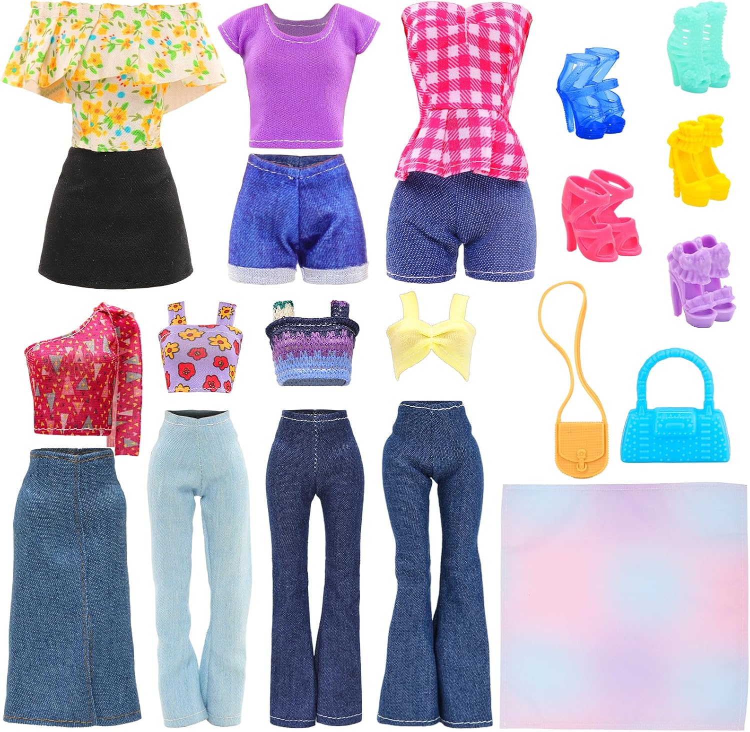 BARWA 17 Pcs Doll Clothes and Accessories for 11.5 Inch Girl Dolls Including 7 Sets Fashion Floral Skirts and Denim Skirts, Casual Tops and Pants with 2 Bags, 5 Shoes, 1 Plaid Picnic Mat