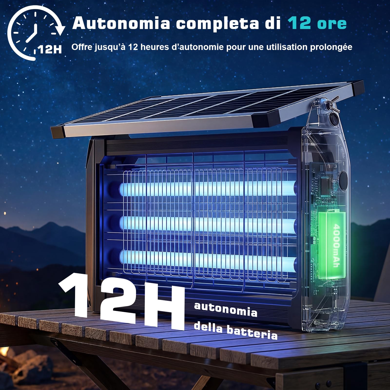 Lampada Antizanzare Elettrica Solare,Zanzariera Elettrica da Esterno 4000V, Ricarica Solare e USB,UV 10W, IPX5 Anti Mosche Elettrico Impermeabile, Ideale per Patio, Giardino e Campeggio