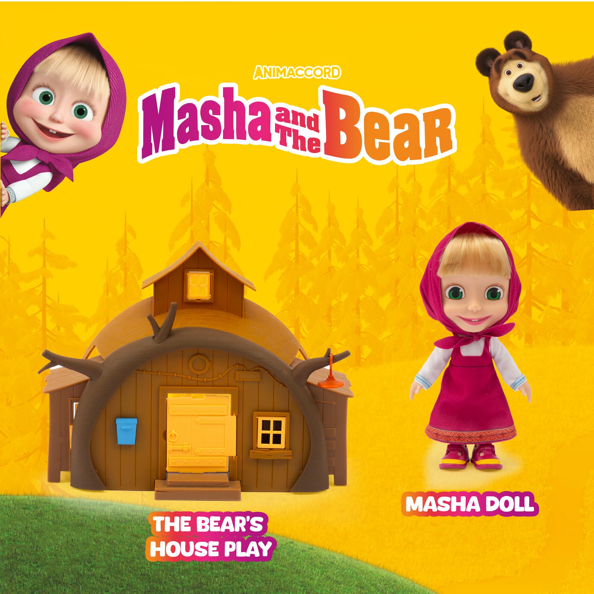 Masha and The Bear, Muñeca de Peluche de 23 cm, Viste Traje Clásico de Masha con su Sombrero, Mismo Aspecto Que en la Serie de Dibujos Animados, Detalles Especiales, Famosa (MHA24000)