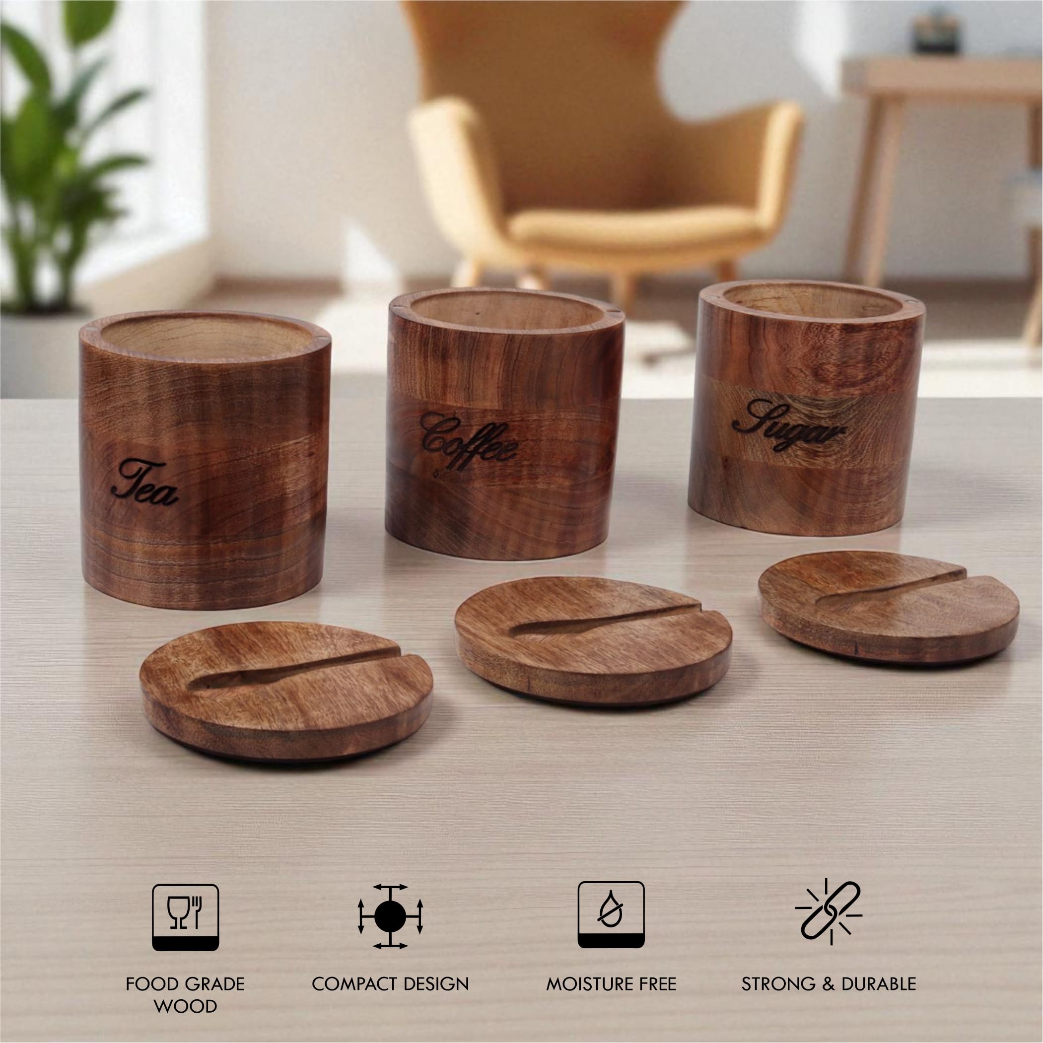 Barattolo in legno fatto a mano per tè, zucchero e caffè, contenitore in legno per tè e caffè, decorazione da cucina, barattolo in legno con testo inciso, confezione singola o