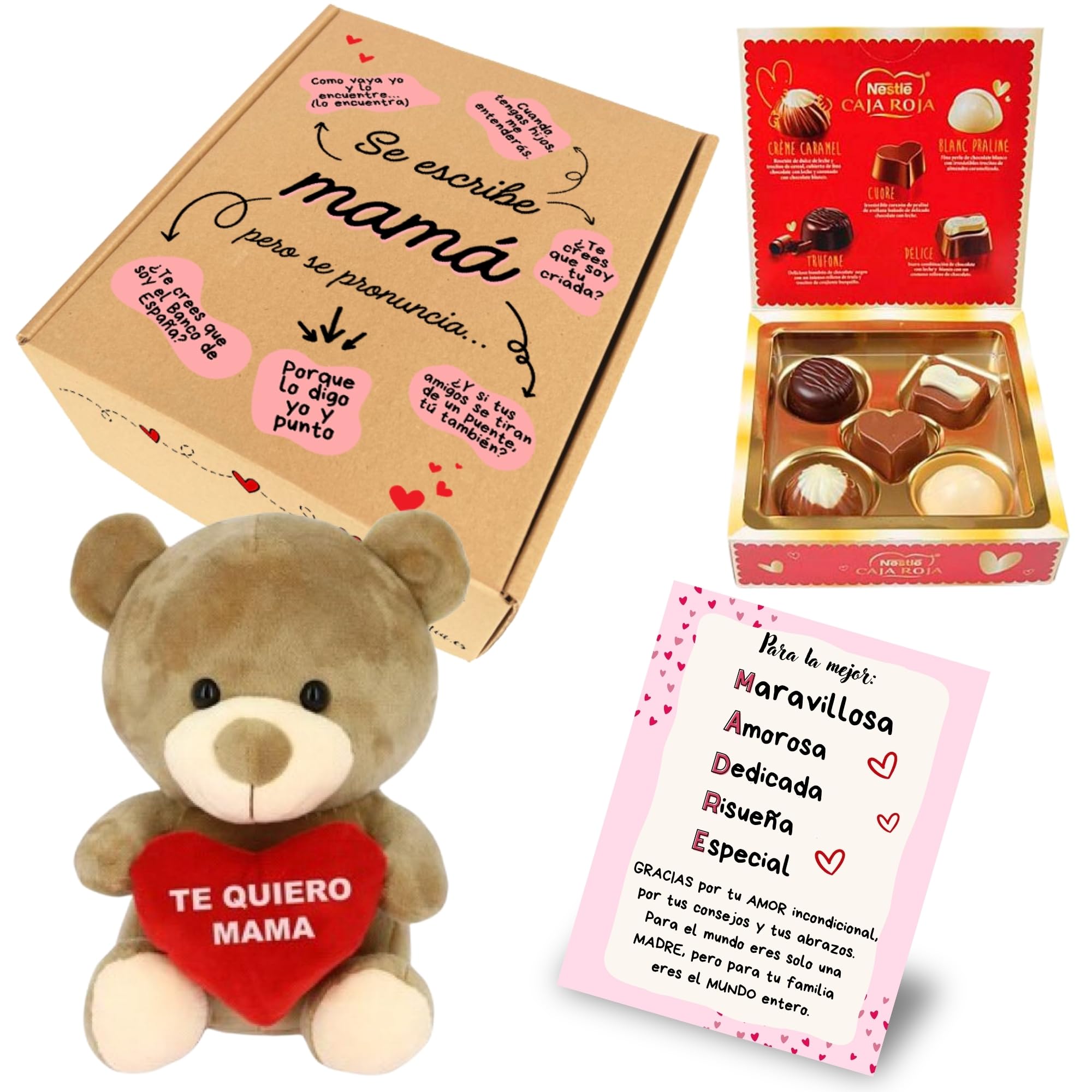 Peluchilandia Regalo Madre Divertido y Original | Cajita con Peluche Personalizado Te Quiero Mama con Bombones y Tarjeta | Regalos Mujer para el Dia de la Madre (Marrón)