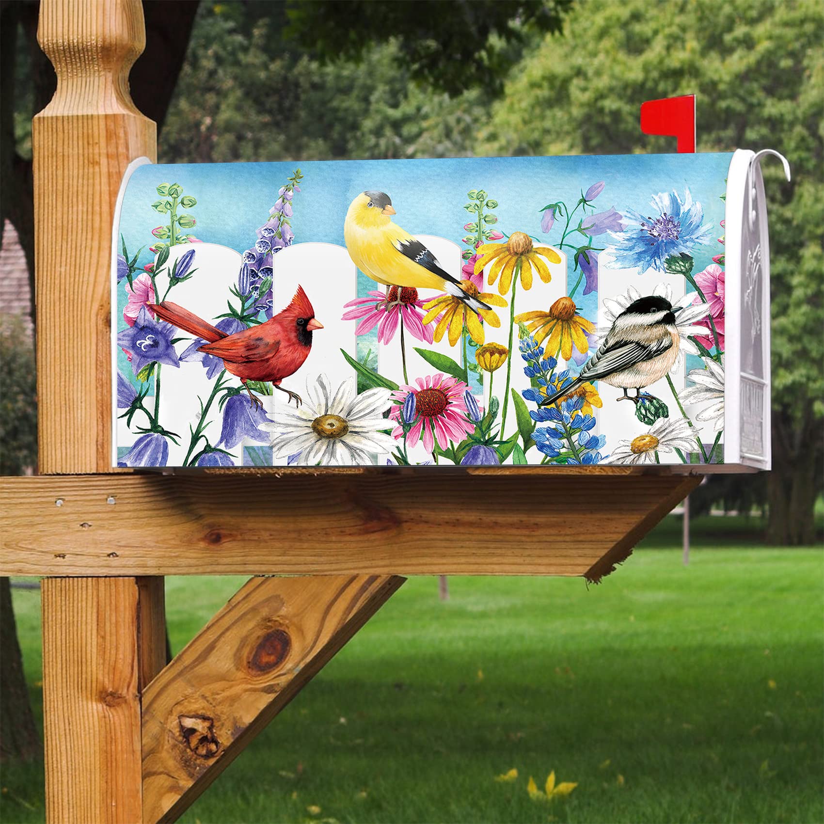 Birds Trio Floral Blooms Fence Decoration Mailbox Cover With Magnetic