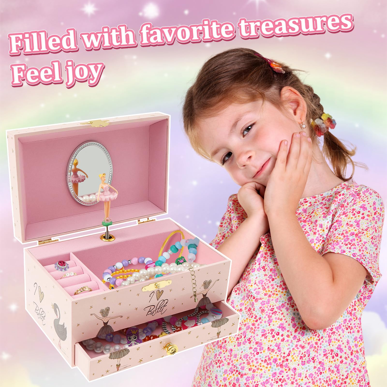 Joyero niña Joyero musical para niños, caja de música con unicornio giratorio, para niñas y niños, con espejo, regalo de cumpleaños (niña de ballet rosa y negro)