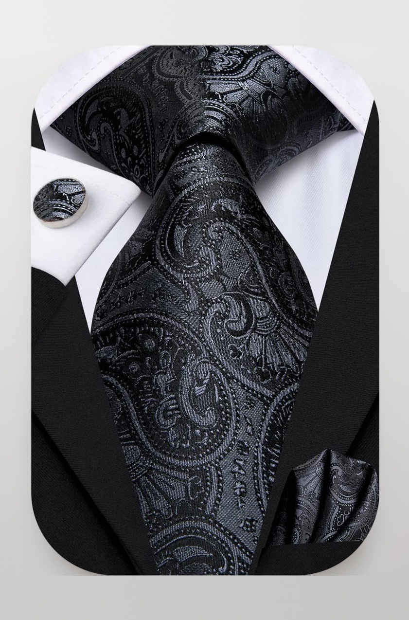 Hi-Tie New Classic Black Paisley Necktie Woven Silk Tie Hanky Cufflinks set