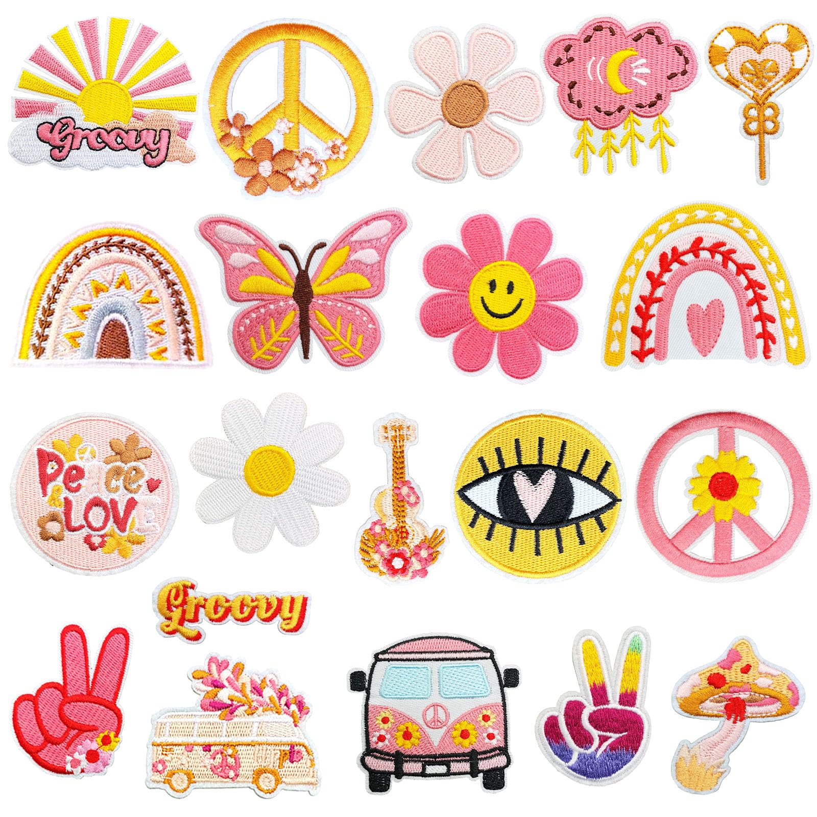 20Pcs Groovy Retro Hippie Iron on Patches Vintage Boho Peace Sign Patch for Clothing Backpacks Jeans Jackets Hats Sew on Embroidered Applique