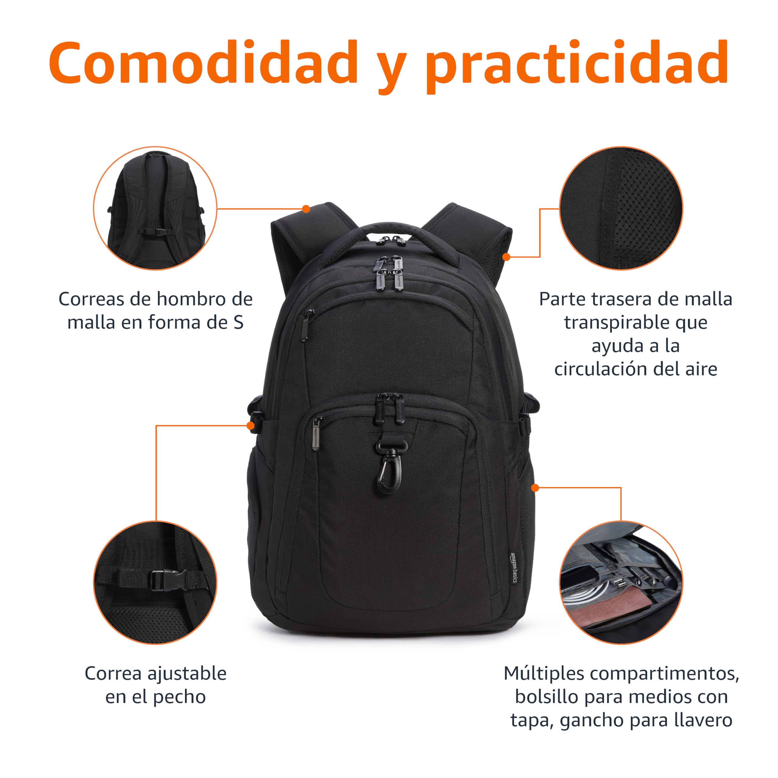 Amazon Basics Mochila de viaje para portátil de 17 in / 43.1 cm, Negro