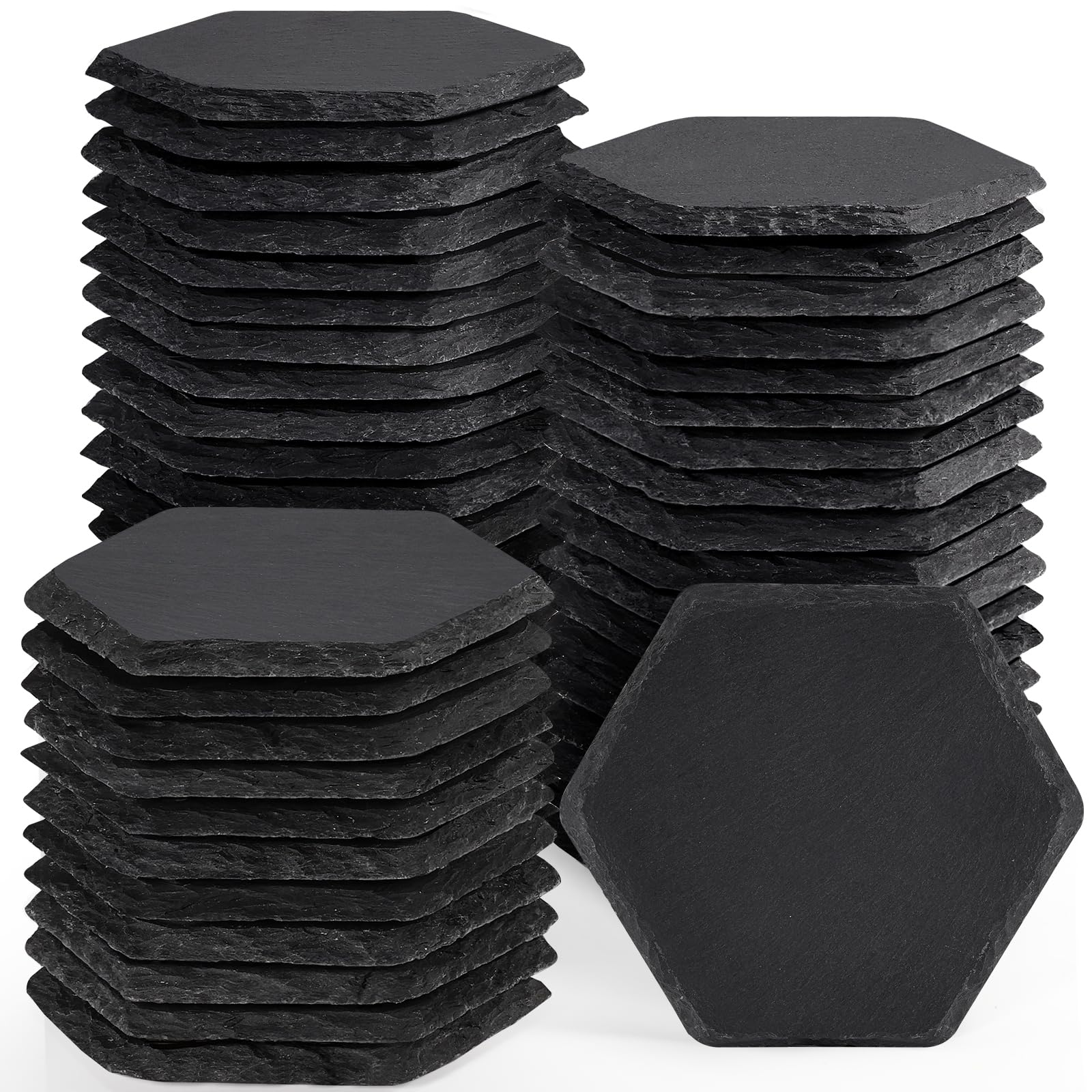 WEWINK PLUS 50 PCS Slate Coasters Bulk for Laser Engraving 4 Inch Hexagon Blank Black Stone Drinks Coasters Rustic Coaster with Anti-Scratch Backing for Home Decor Bar